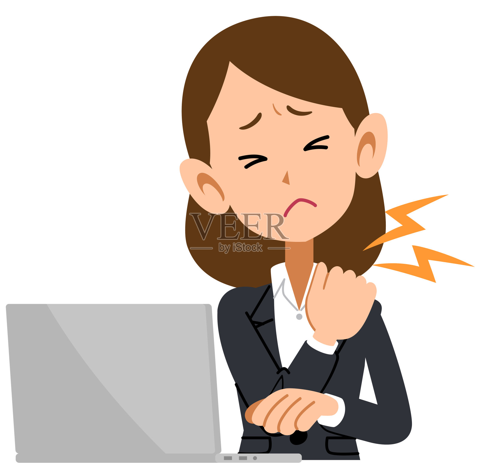 在办公室工作时遭受肩膀和脖子僵硬疼痛的女商人插画图片素材