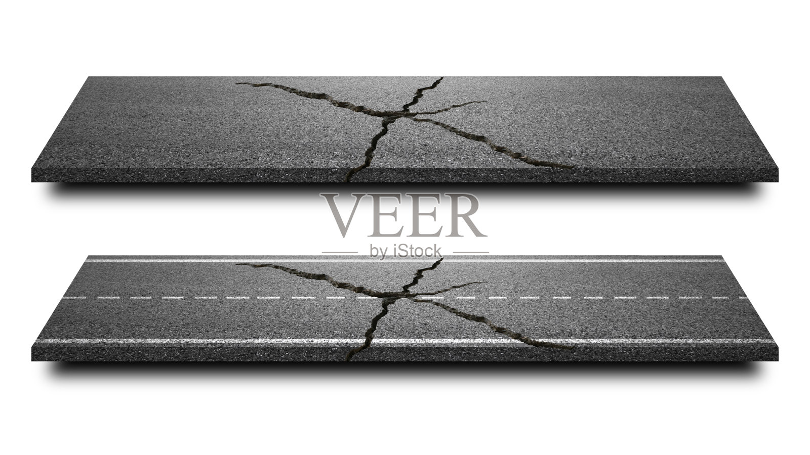 破碎的柏油路孤立在纯白色的背景。直公路的裂道车道，用于运输或施工。(剪切路径)照片摄影图片