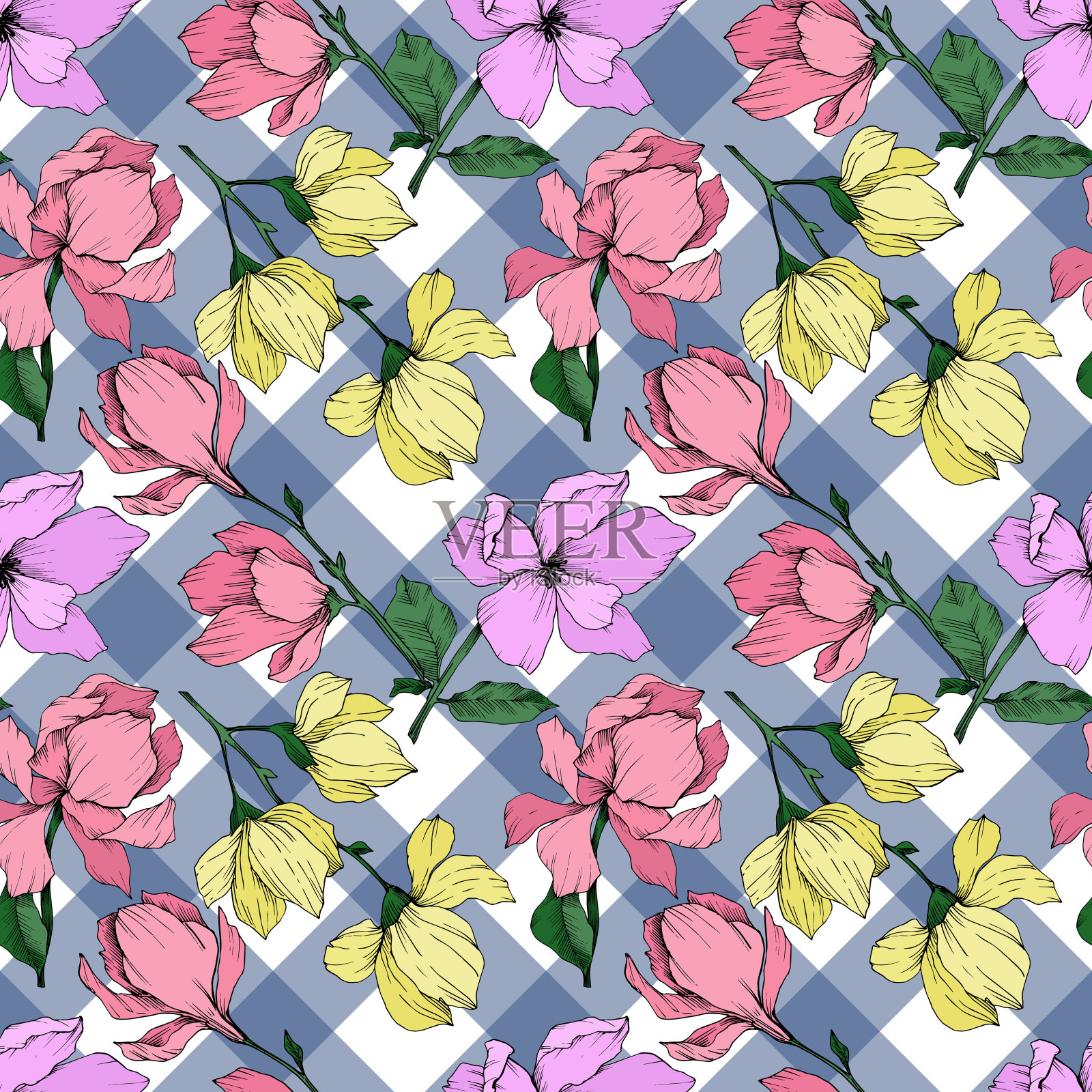 玉兰花载体植物花。黑白篆刻水墨艺术。无缝的背景图案。插画图片素材