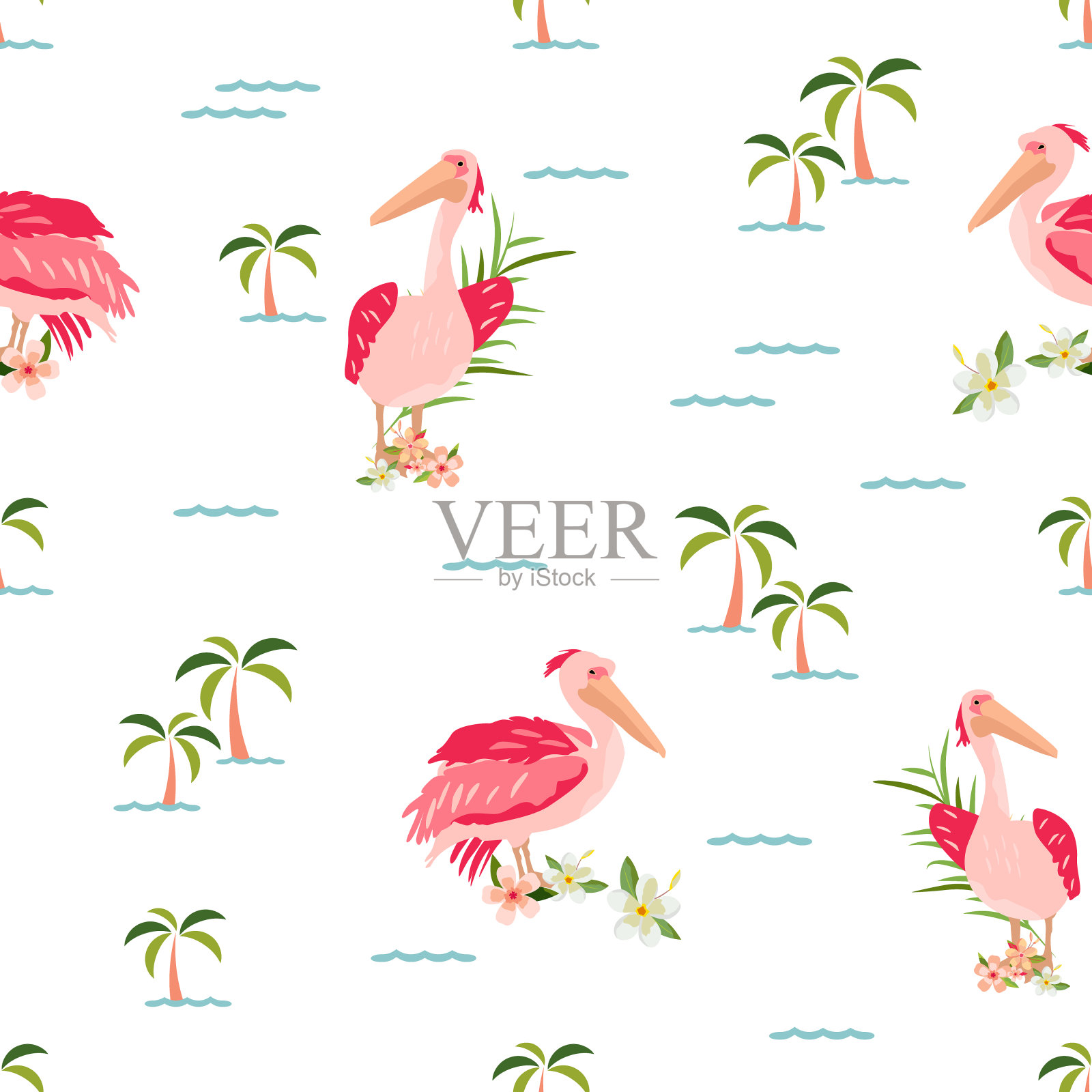 热带图案与鹈鹕在夏威夷风格插画图片素材