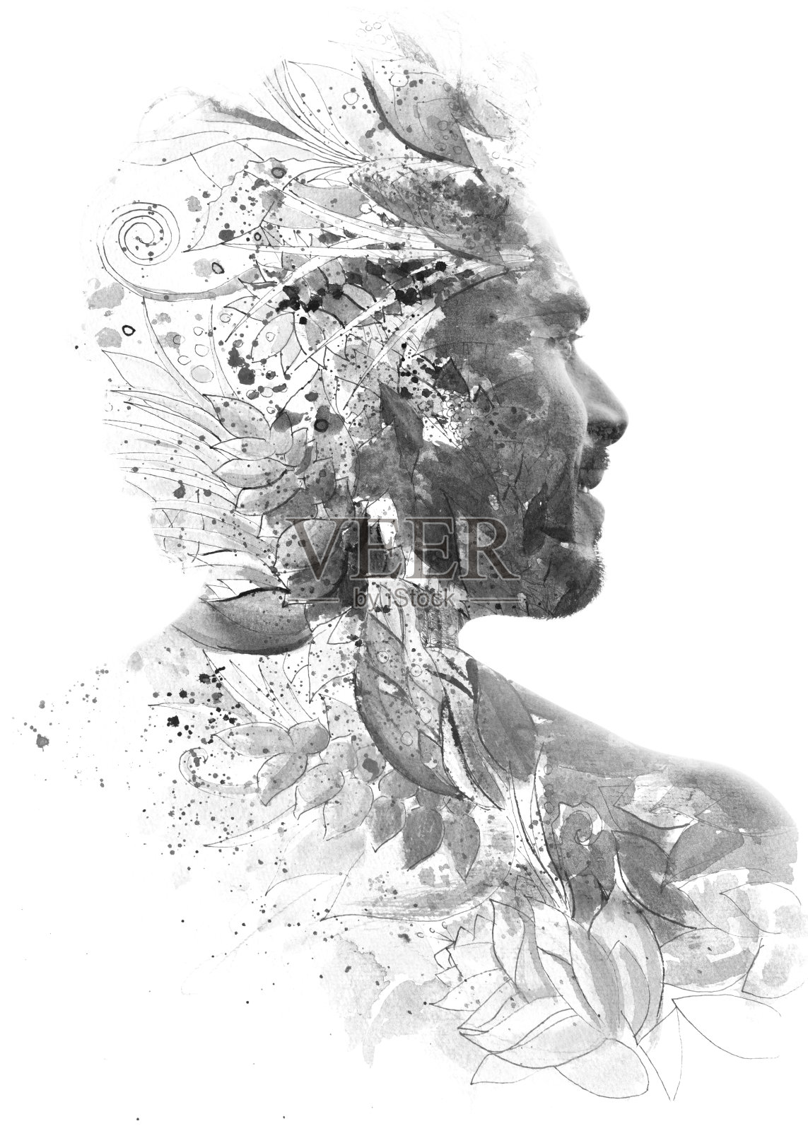 Paintography。双重曝光。近距离的男子肖像与强烈的特征和轻胡子溶解背后手绘花卉水彩和水墨，黑白照片摄影图片