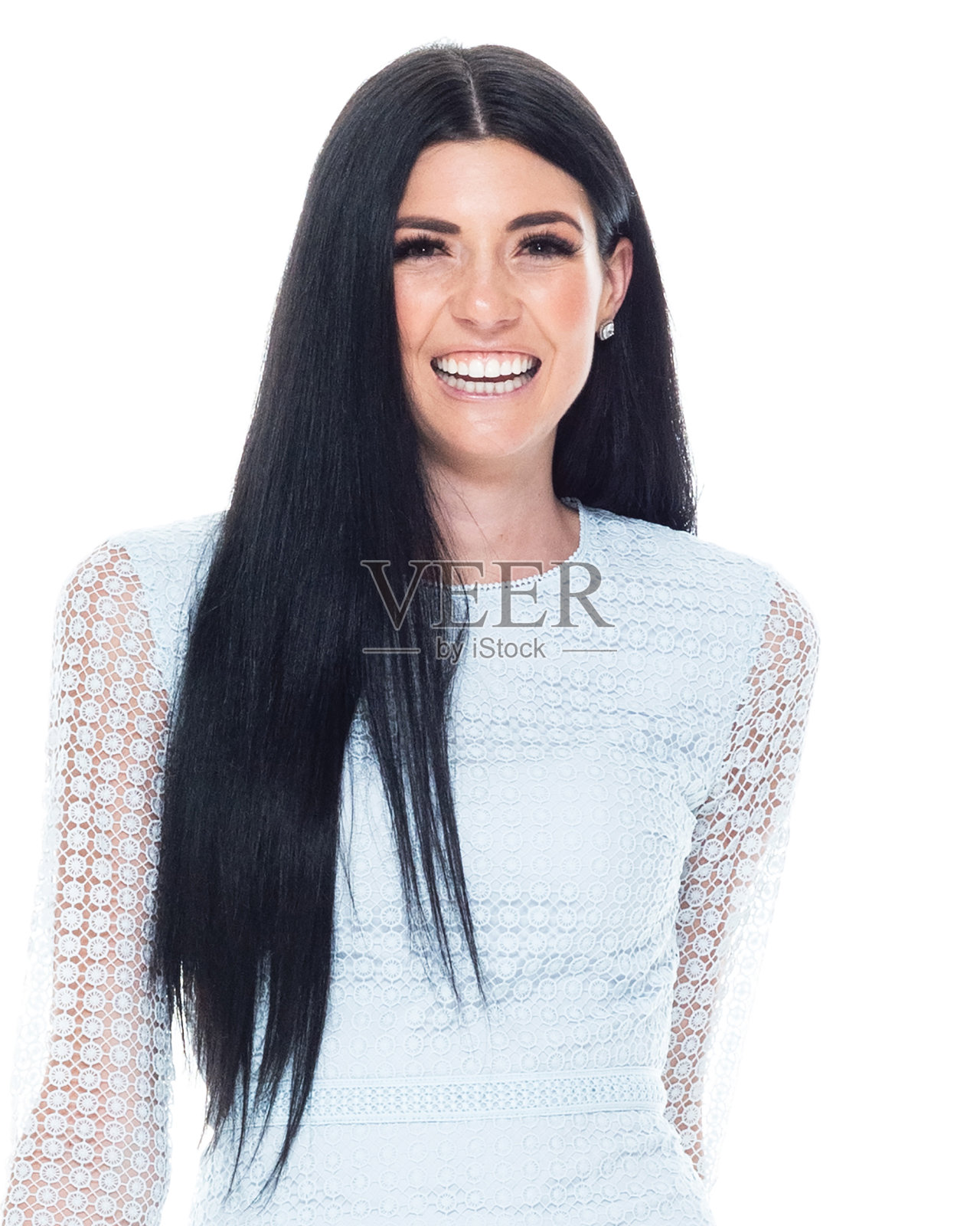 一个人/正面视图/大头照/ 20-29岁的成年美丽的白人年轻女性/女性在白色背景穿着裙子谁是微笑/快乐/愉快/凉爽的态度照片摄影图片