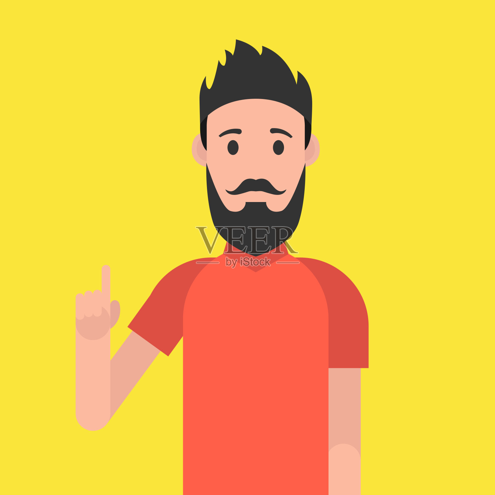 有胡子的男人。一个面带喜悦，竖起食指的男人。一个伟大想法的概念。矢量插图。插画图片素材