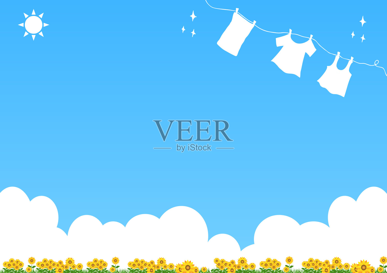 插图洗衣和阳光天空花田插画图片素材