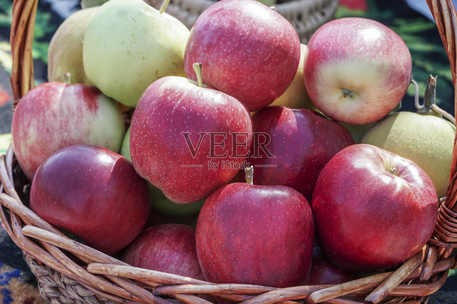 装满成熟苹果果实的篮子照片摄影图片