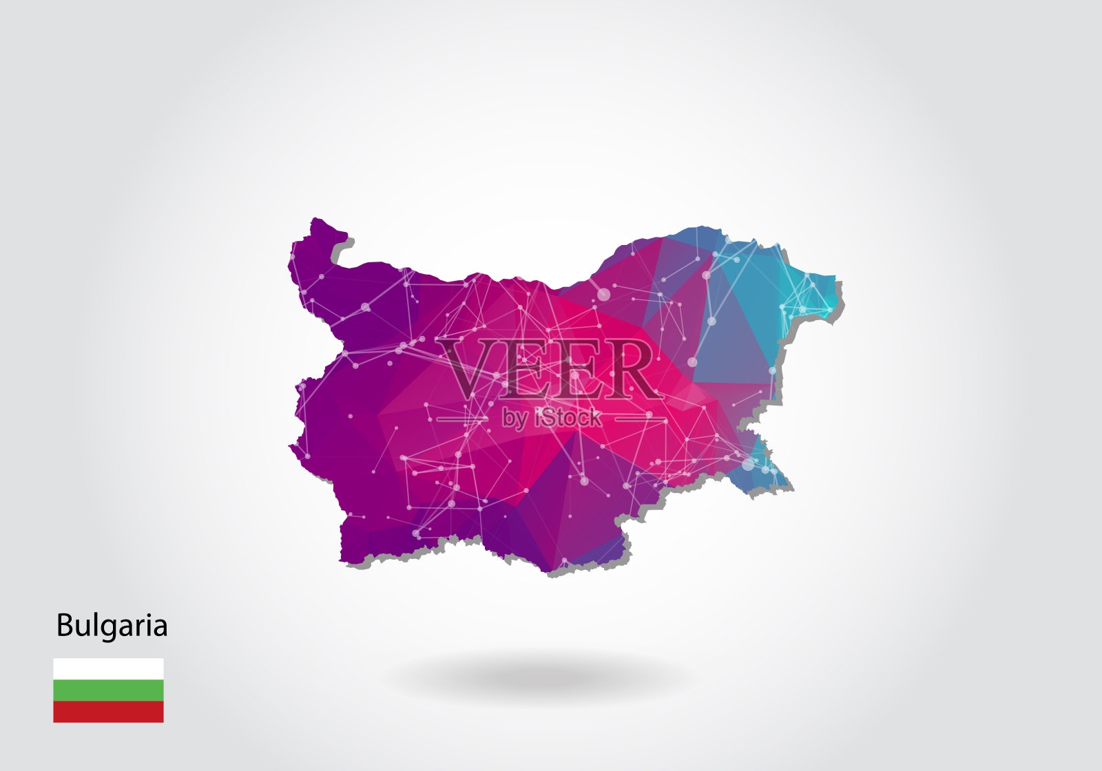 矢量多边形保加利亚地图。低聚设计。地图由白色背景上的三角形构成。几何皱褶三角形低多边形风格梯度图形，线点，UI设计。插画图片素材