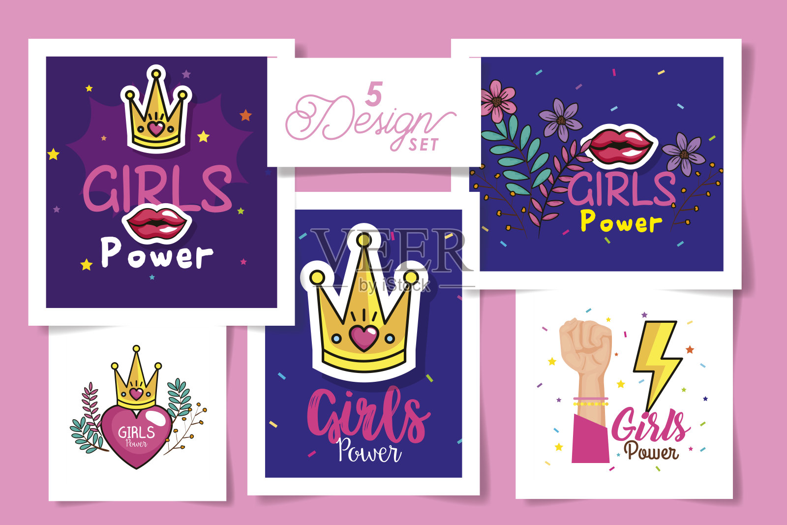 设置五种设计的女孩权力卡与装饰插画图片素材