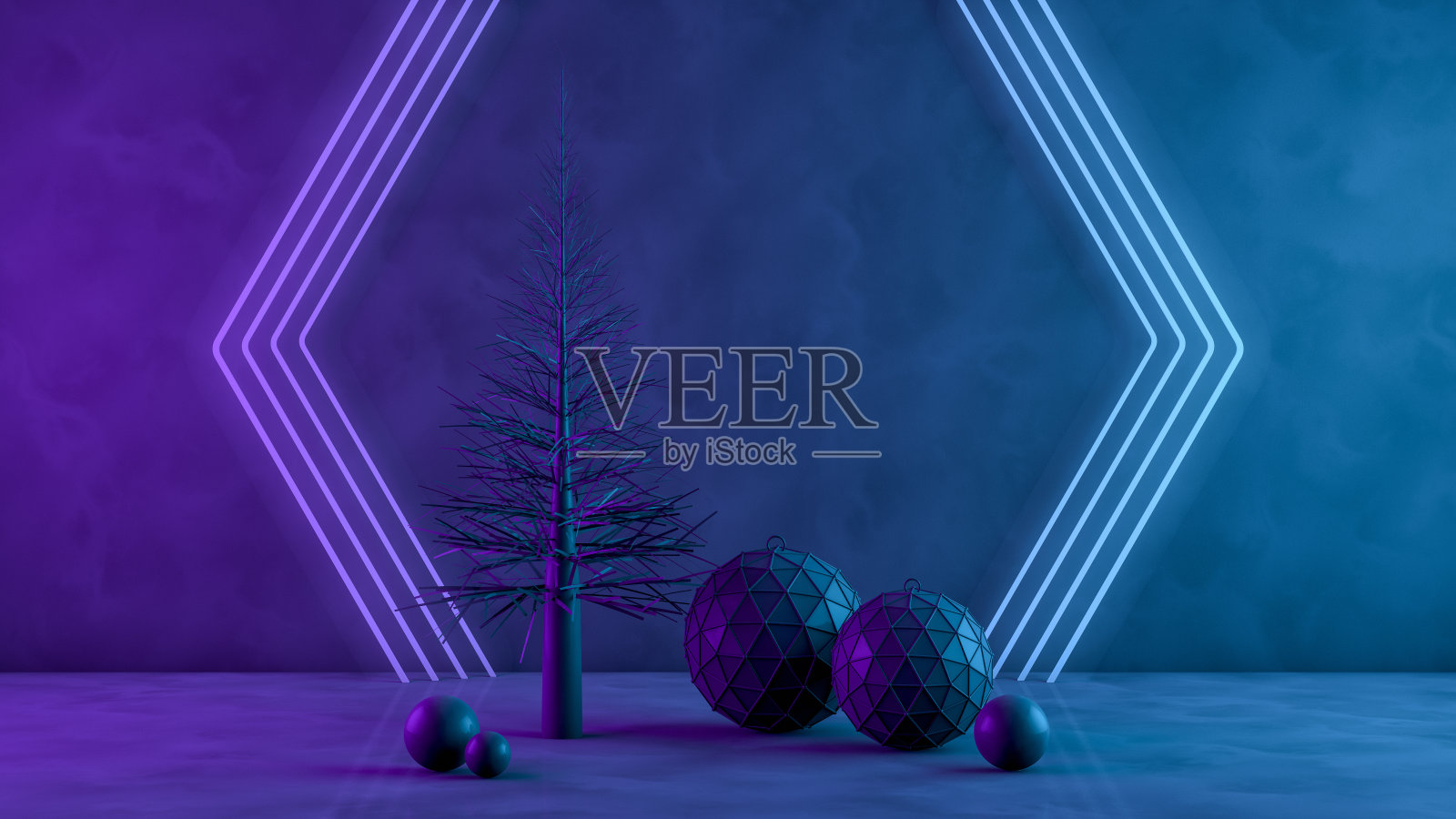 3D圣诞树和装饰与霓虹灯在黑色的背景照片摄影图片