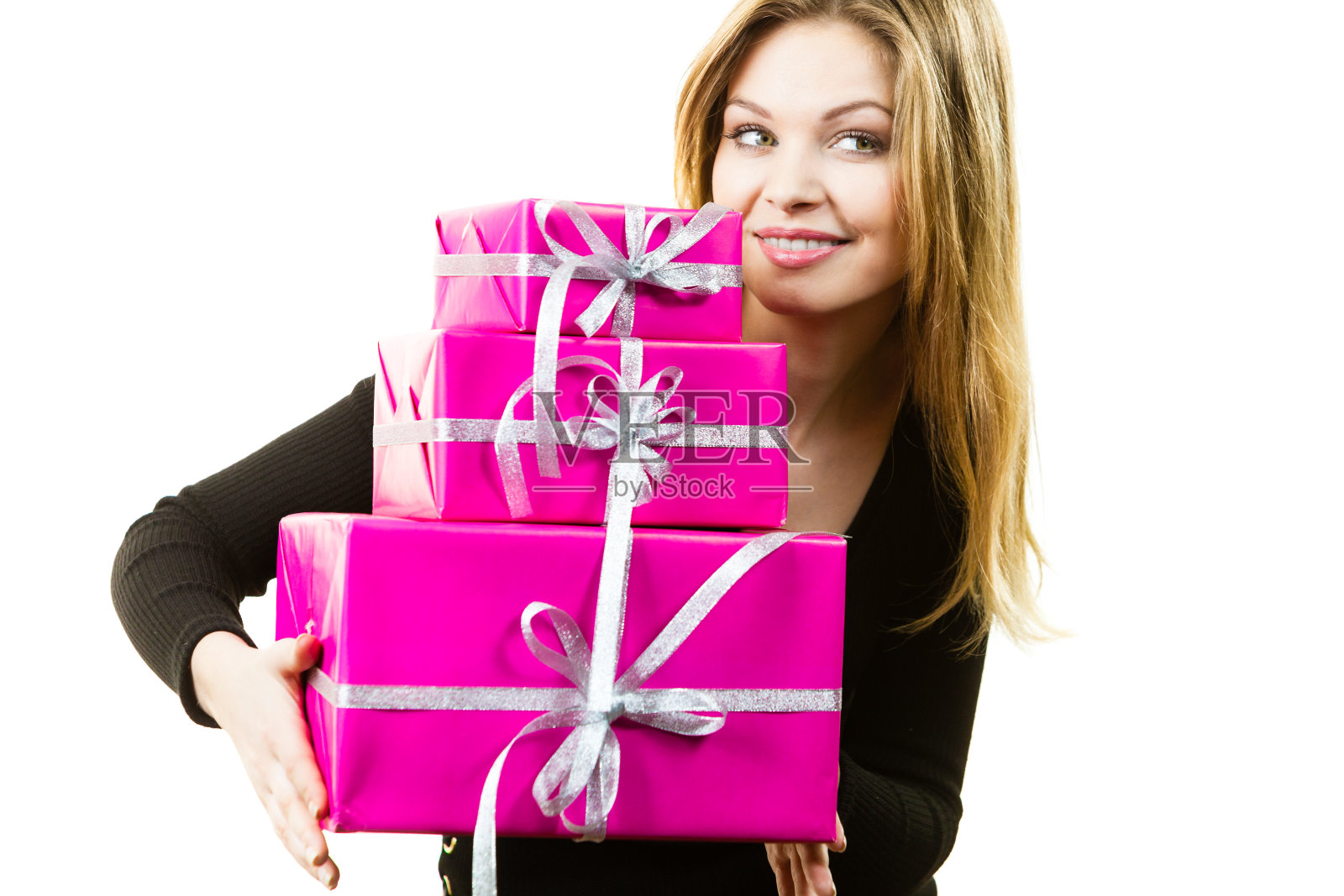 惊喜的女人带着许多礼物照片摄影图片