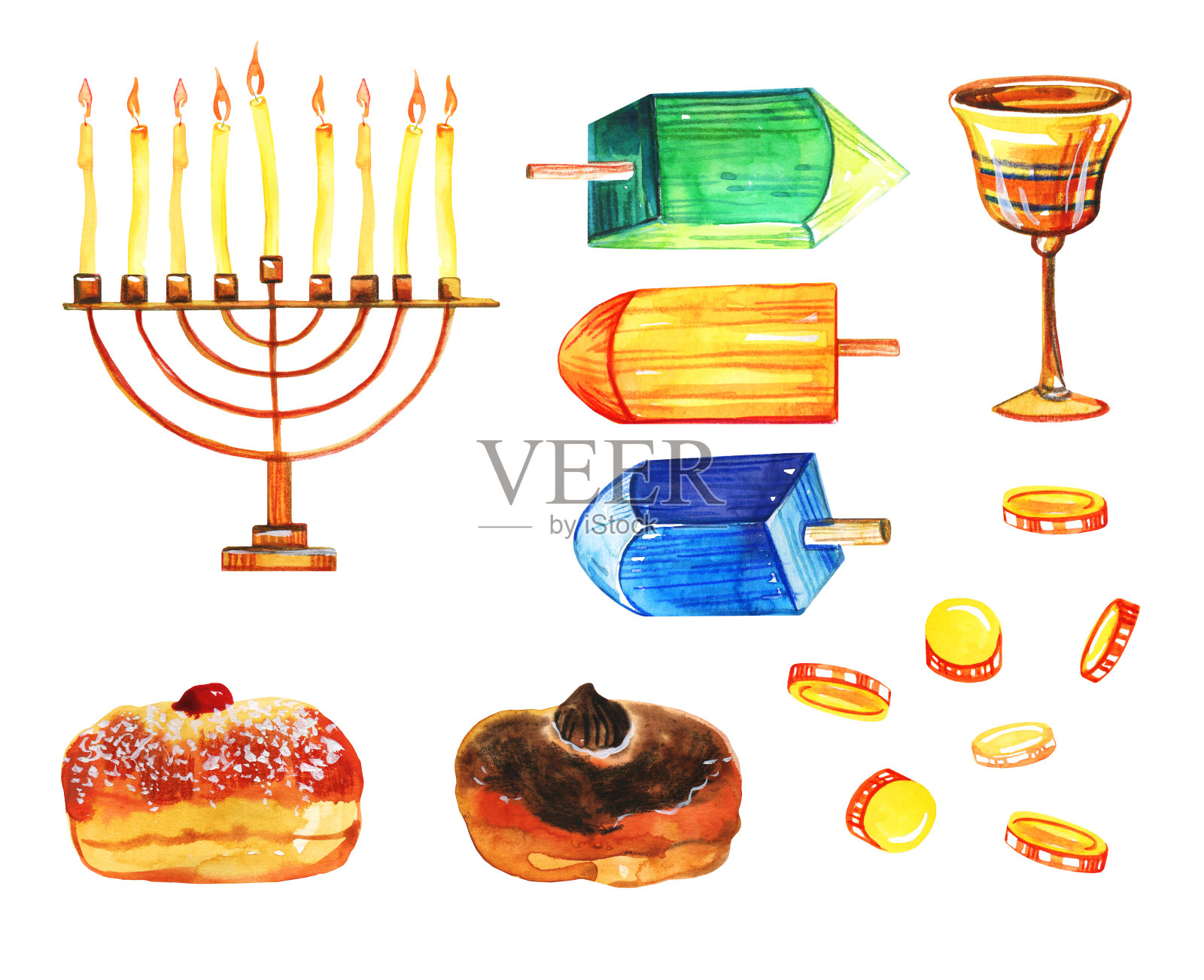 光明节物品套装。烛台、陀螺、甜甜圈、硬币。手绘水彩插图插画图片素材