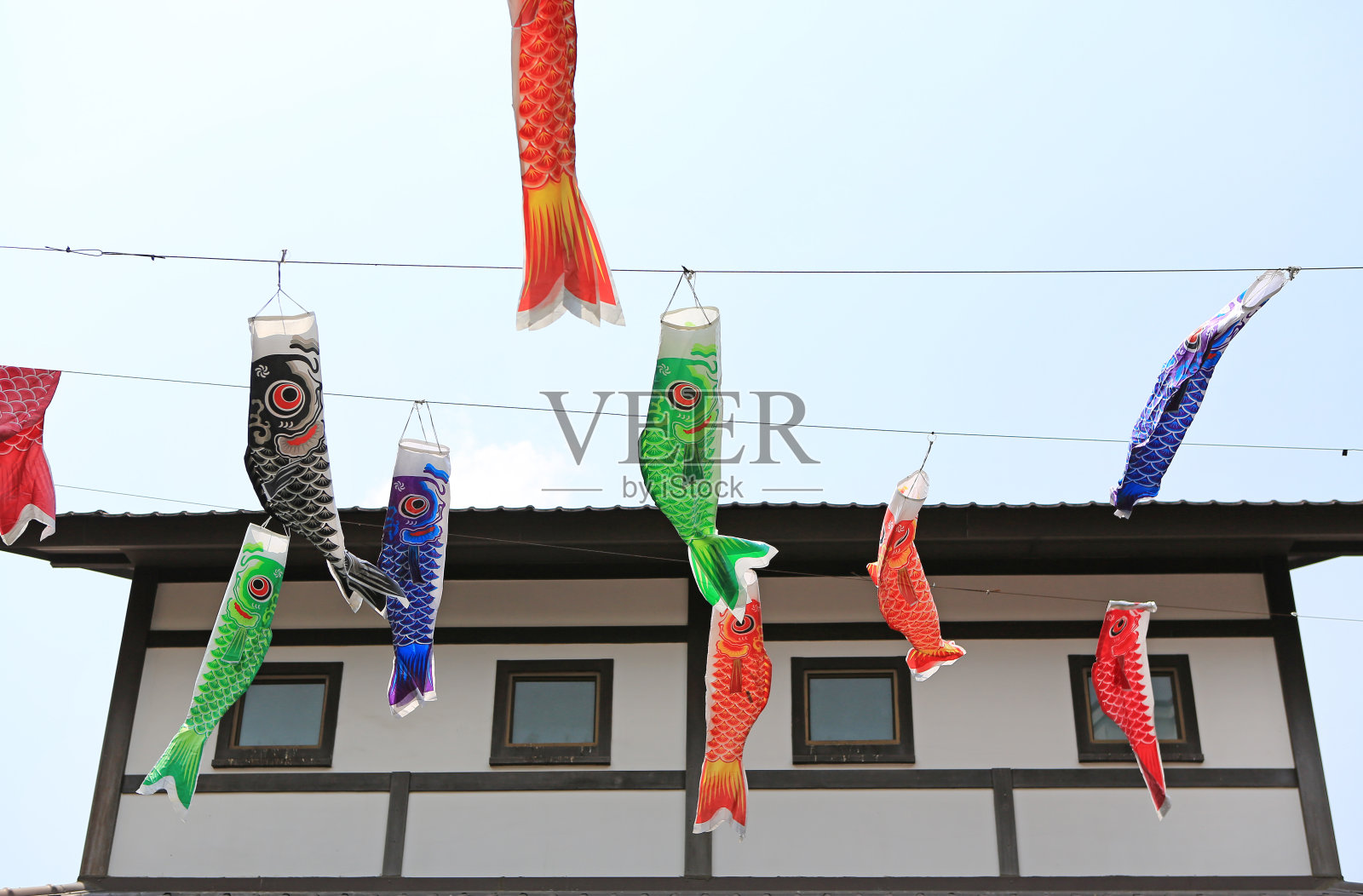 日本锦鲤旗装饰迎风吹袭日本古屋。鲤鱼流光。照片摄影图片