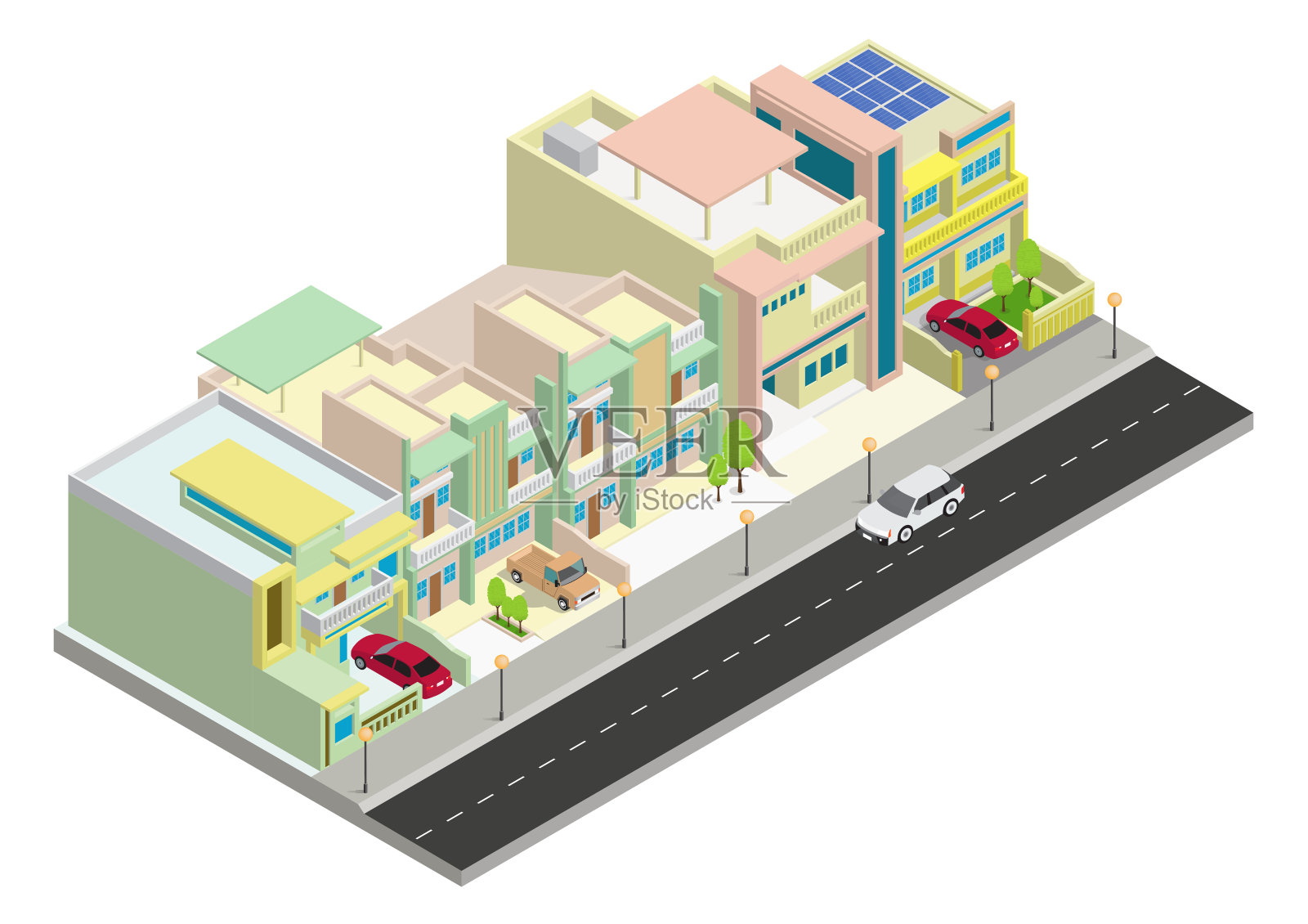矢量等距集群区域房屋建筑插画图片素材