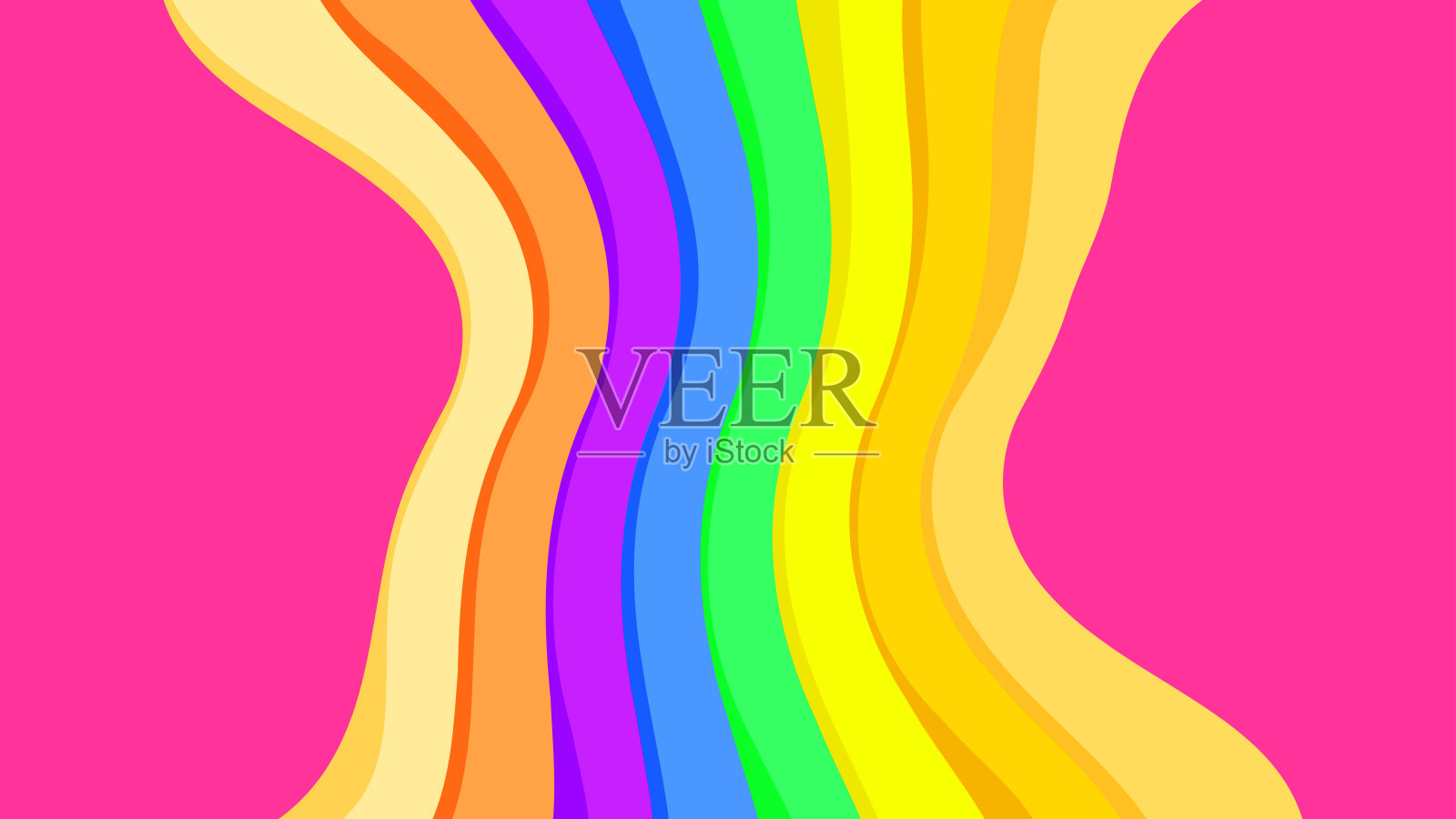 粉色和彩虹波为背景，抽象彩色波浪线，壁纸彩虹曲线多色条纹，彩虹艺术线颜色为平面设计，多色现代艺术线风格插画图片素材