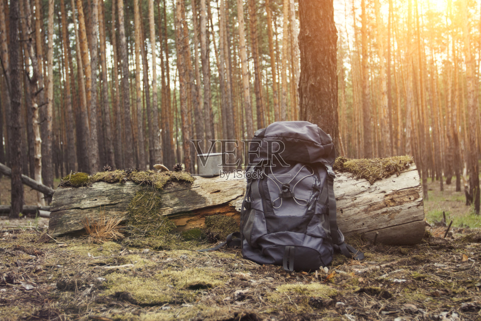 旅游背包，森林里的金属马克杯。徒步旅行的概念照片摄影图片