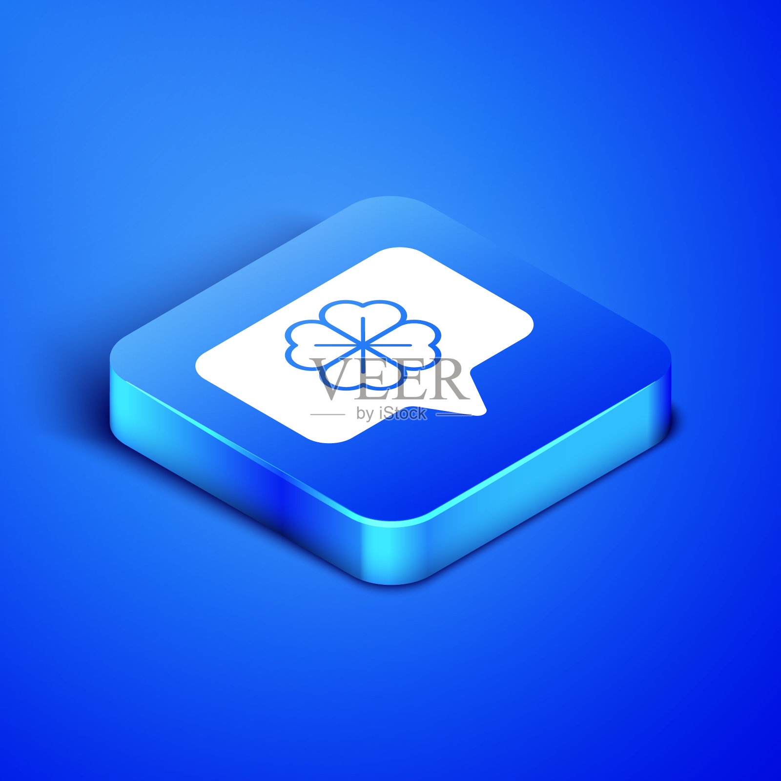 等距四叶三叶草在语音气泡图标孤立在蓝色背景。圣帕特里克节快乐。蓝色方块按钮。矢量图插画图片素材