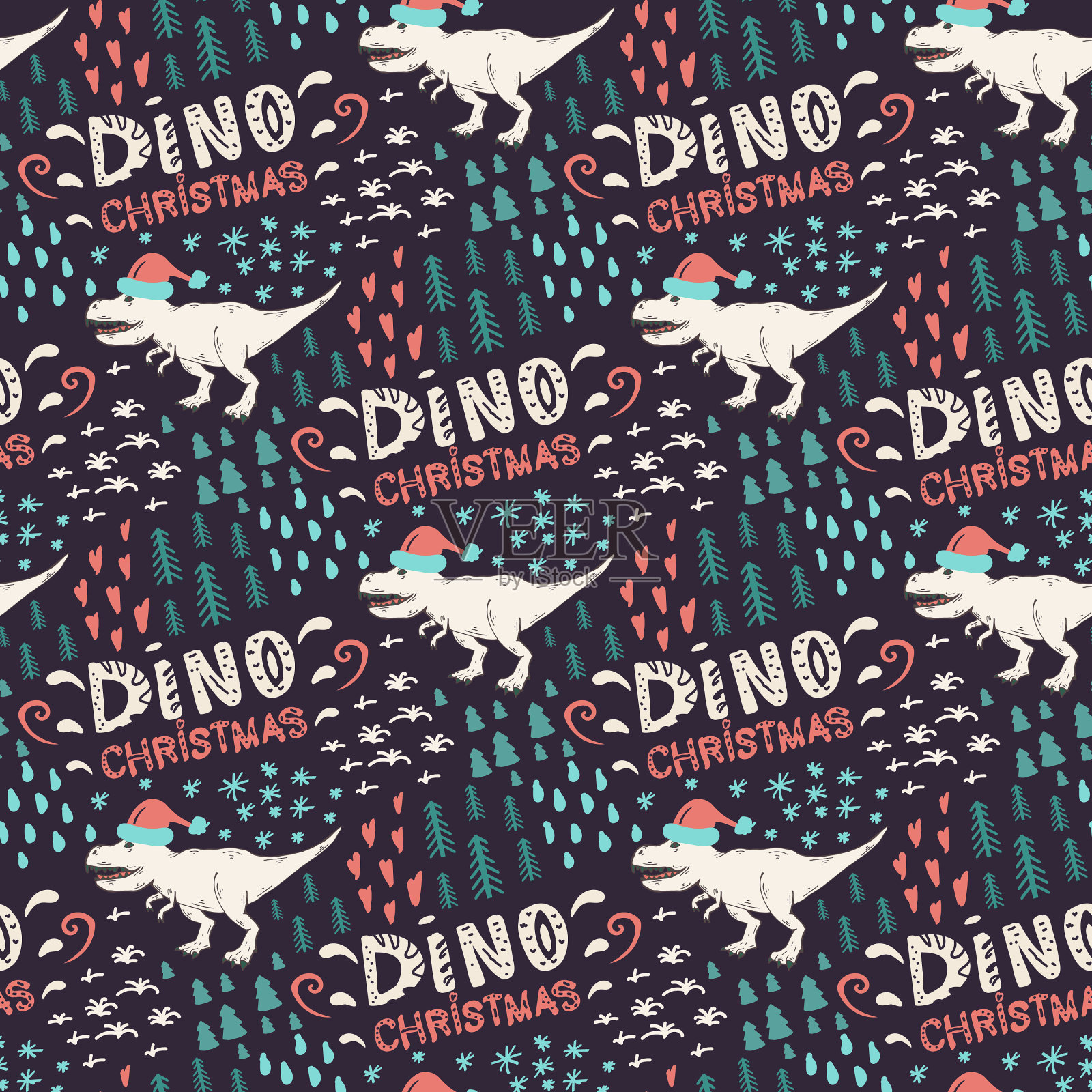 向量无缝模式与野生恐龙在圣诞老人的帽子插画图片素材