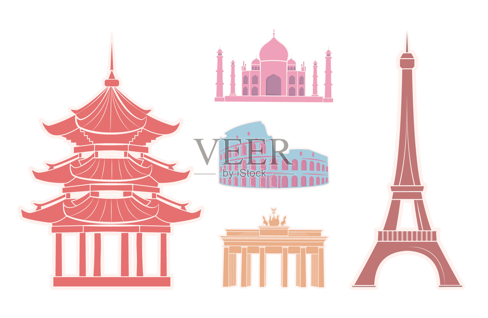 旅游贴纸上的著名景点插画图片素材