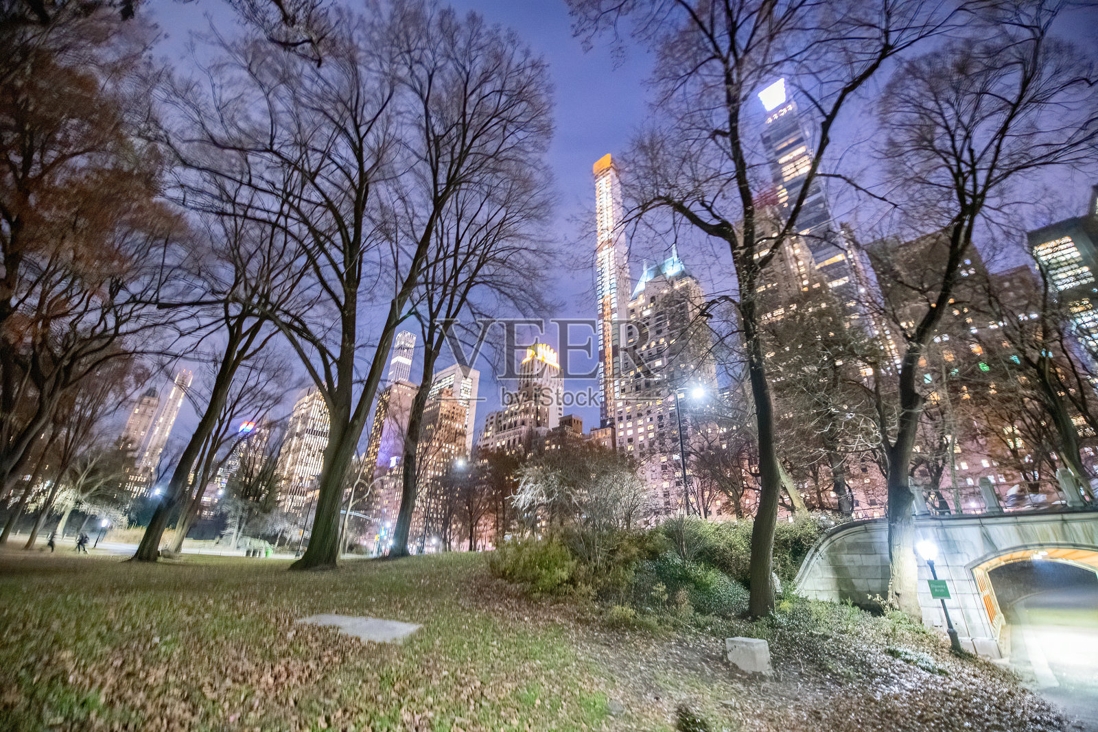 晚上从中央公园到曼哈顿的建筑物，纽约市照片摄影图片
