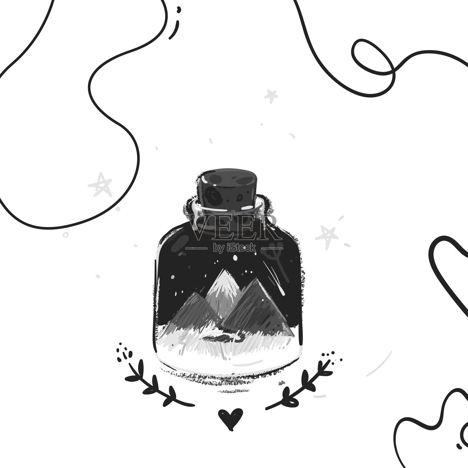 向量山在一个魔法银行在黑色孤立的白色背景。素描插画风格。设置线暗插图。黑暗风格插画图片素材