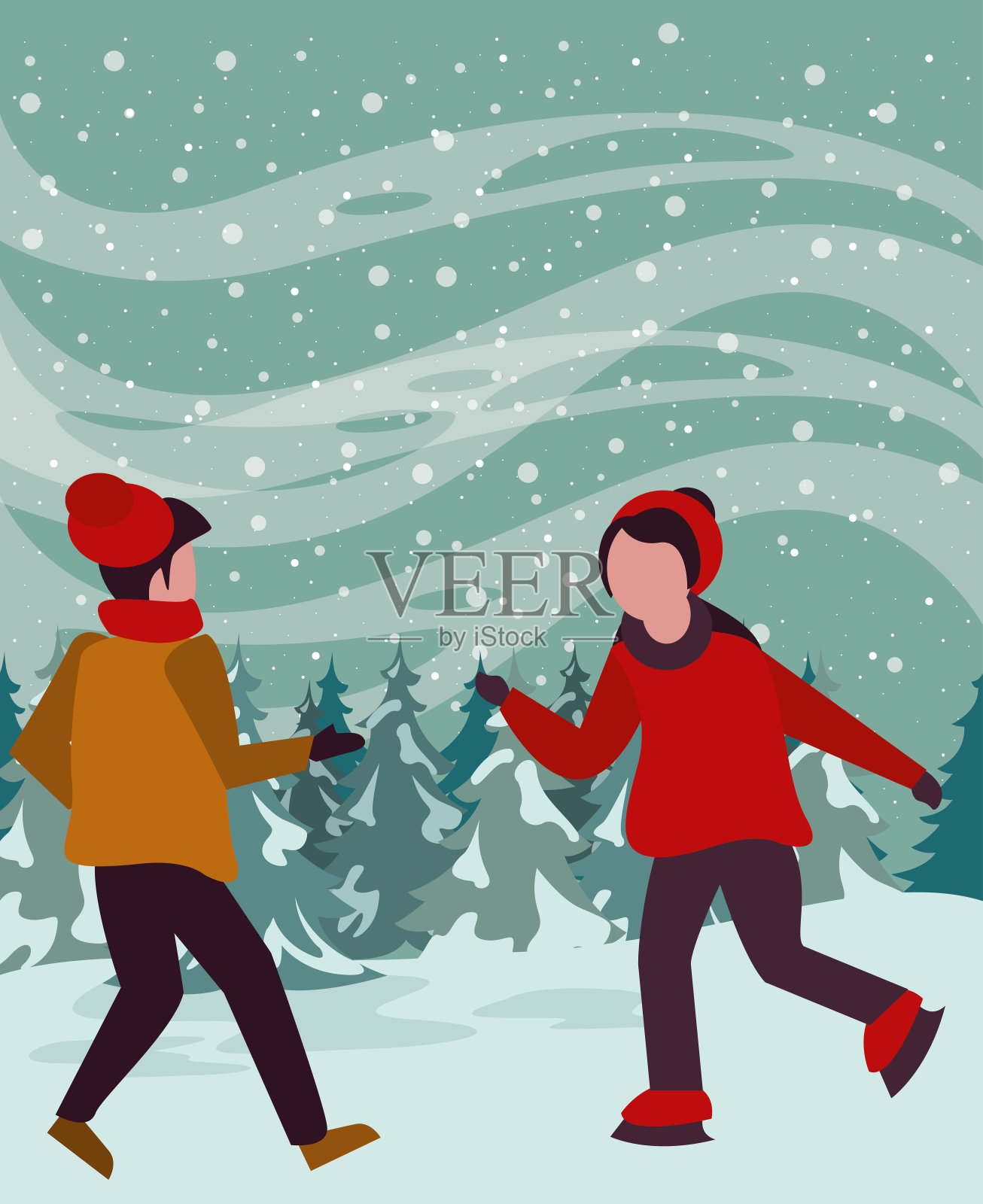 孩子们滑冰的圣诞雪景插画图片素材