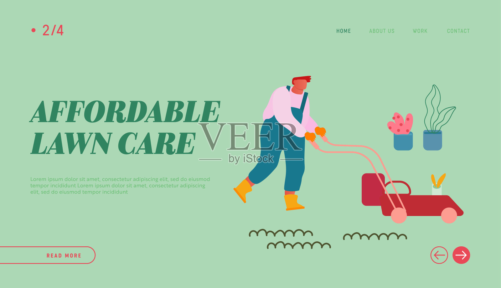 男人修剪草坪在花园网站登陆页。园丁或工人推动割草机修剪和修剪草坪在院子或公共城市公园网页横幅。卡通平面矢量插图插画图片素材