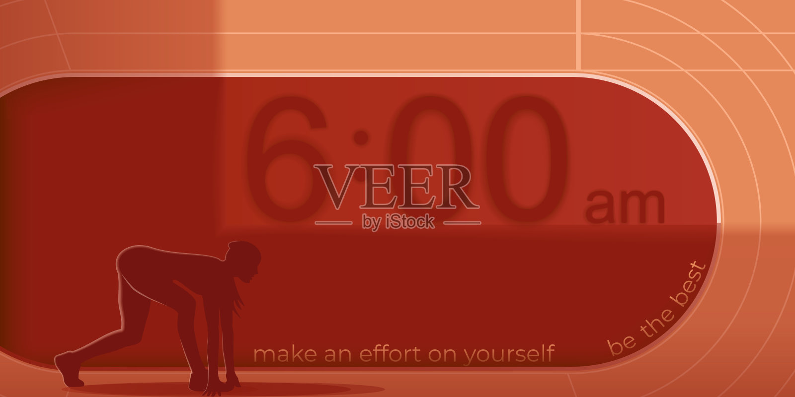 动机性说明。努力实现一个目标。体育主题。年轻女子正在准备晨跑。体育场，早晨，呼吁，口号。插画图片素材