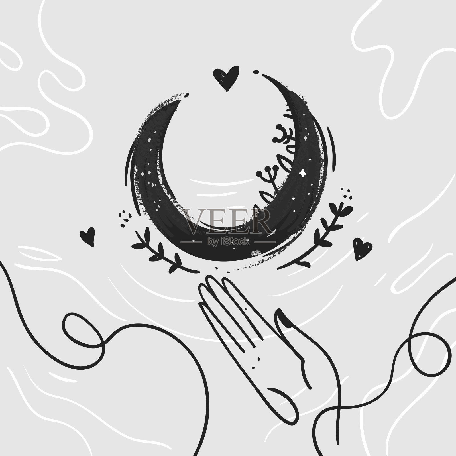 月亮和植物在灰水上。线条风格女人的手。手绘风格草图矢量插图。精美的潮人艺术组合在纹身风格的印刷插画图片素材