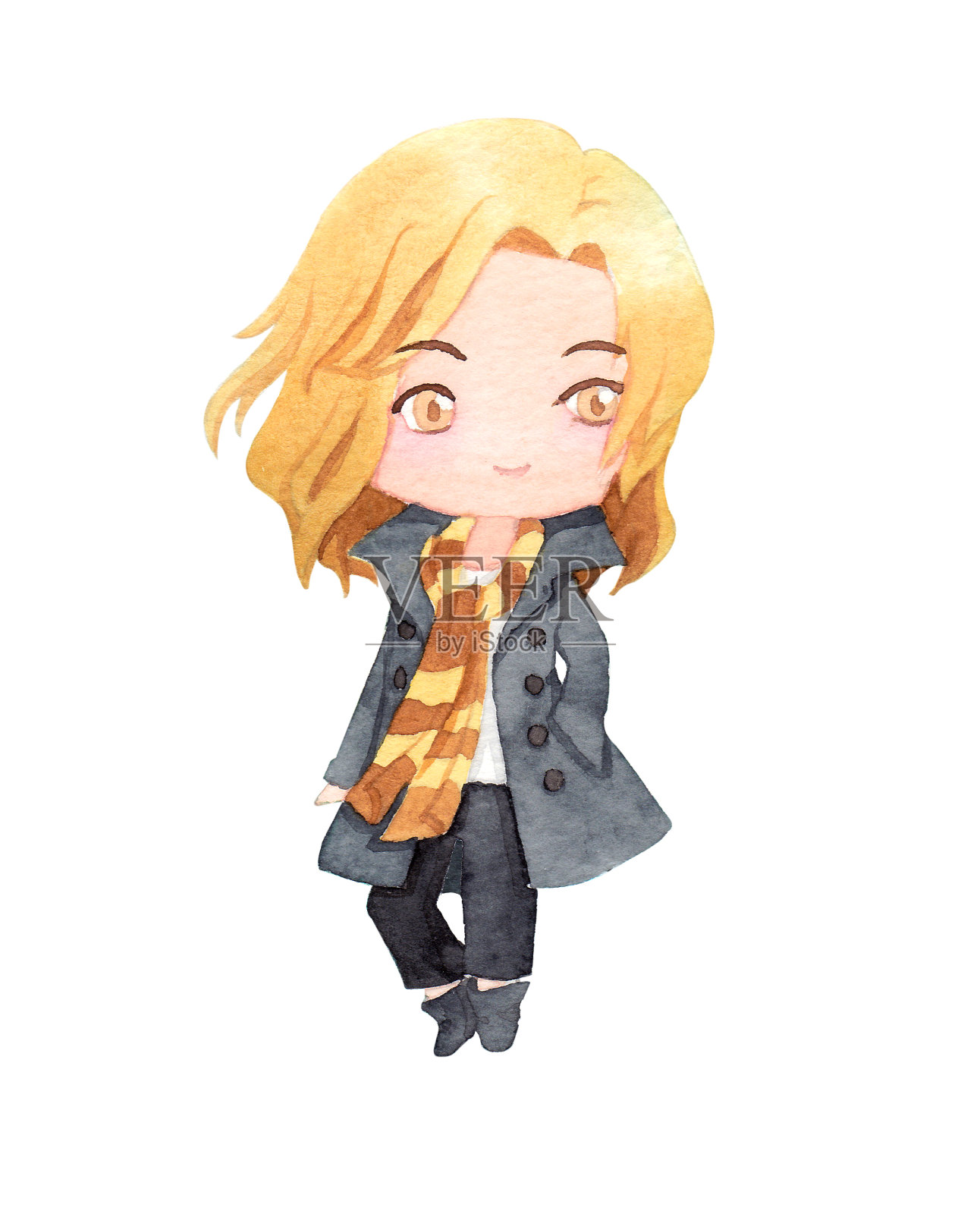 可爱的古铜色头发男孩，冬天的外套和围巾。水彩手绘插图上的白色背景。设计适合冬天、圣诞节、新年。插画图片素材