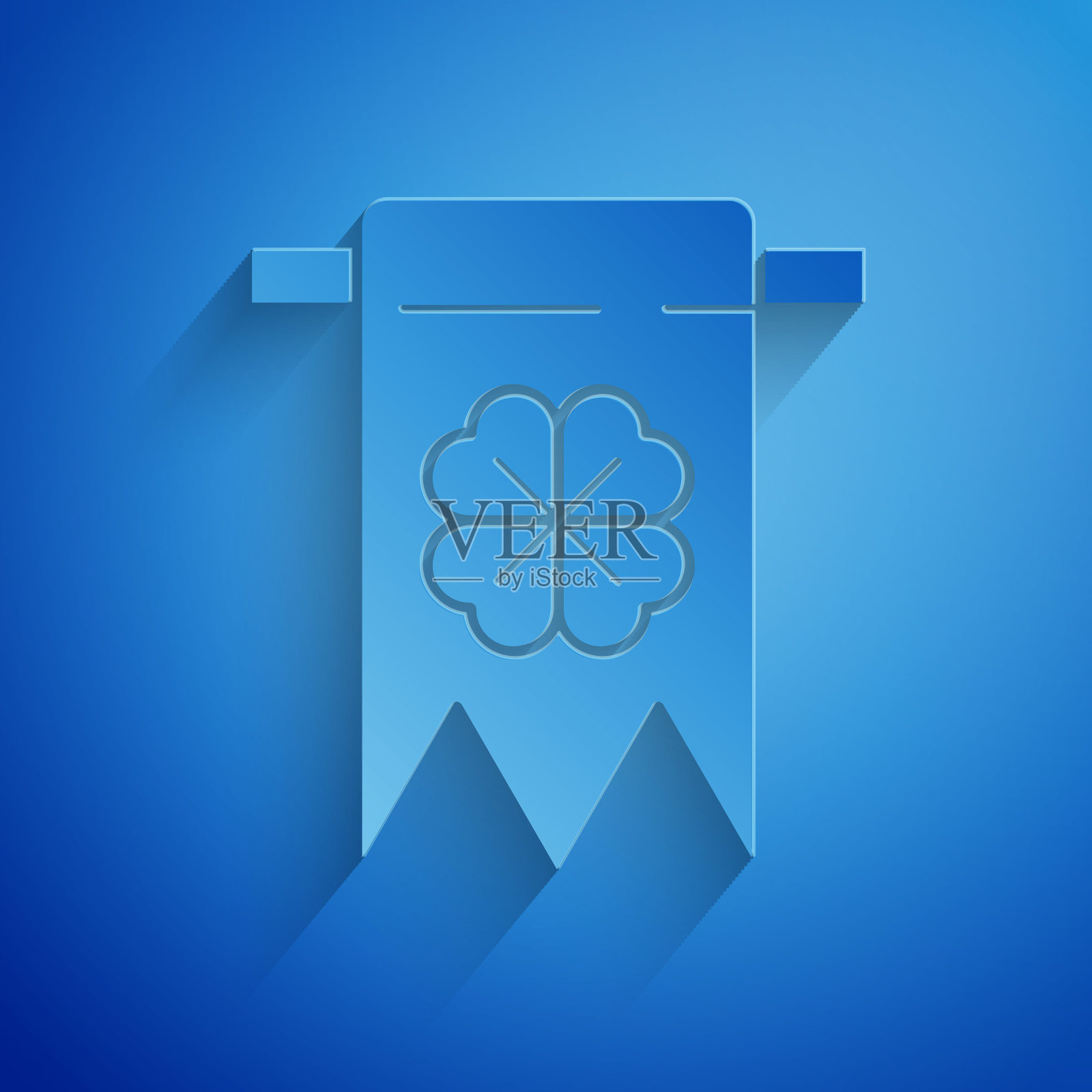 剪纸四叶三叶草图标孤立在蓝色背景。彩旗用于生日庆典、节日庆典。圣帕特里克节快乐。纸艺术风格。矢量图插画图片素材