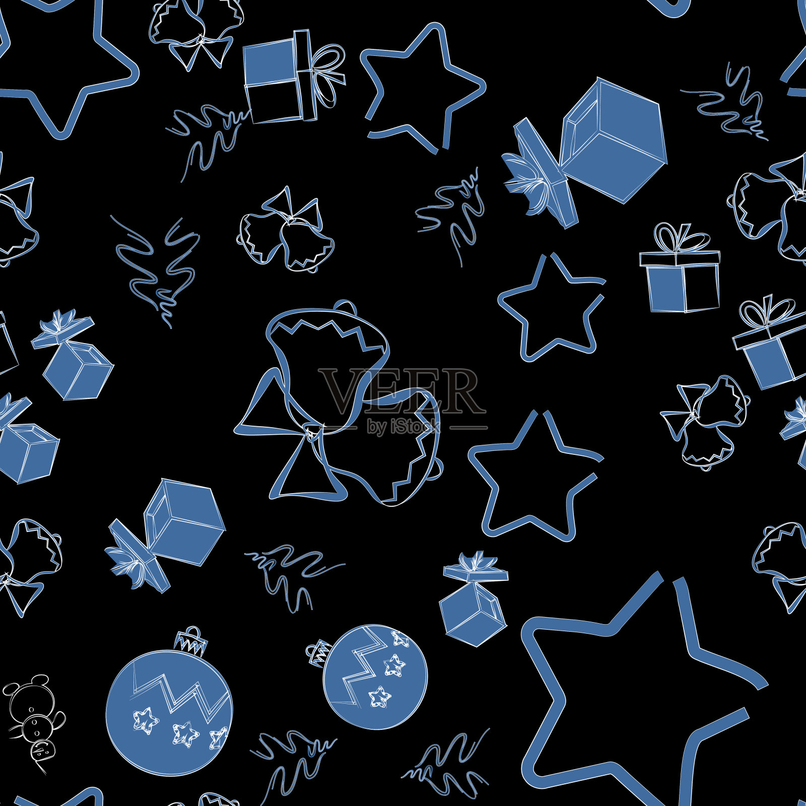 无缝圣诞图案，插画。黑色背景上的新年标志。完美的壁纸，包装纸，图案填充，冬季问候，网页背景。插画图片素材