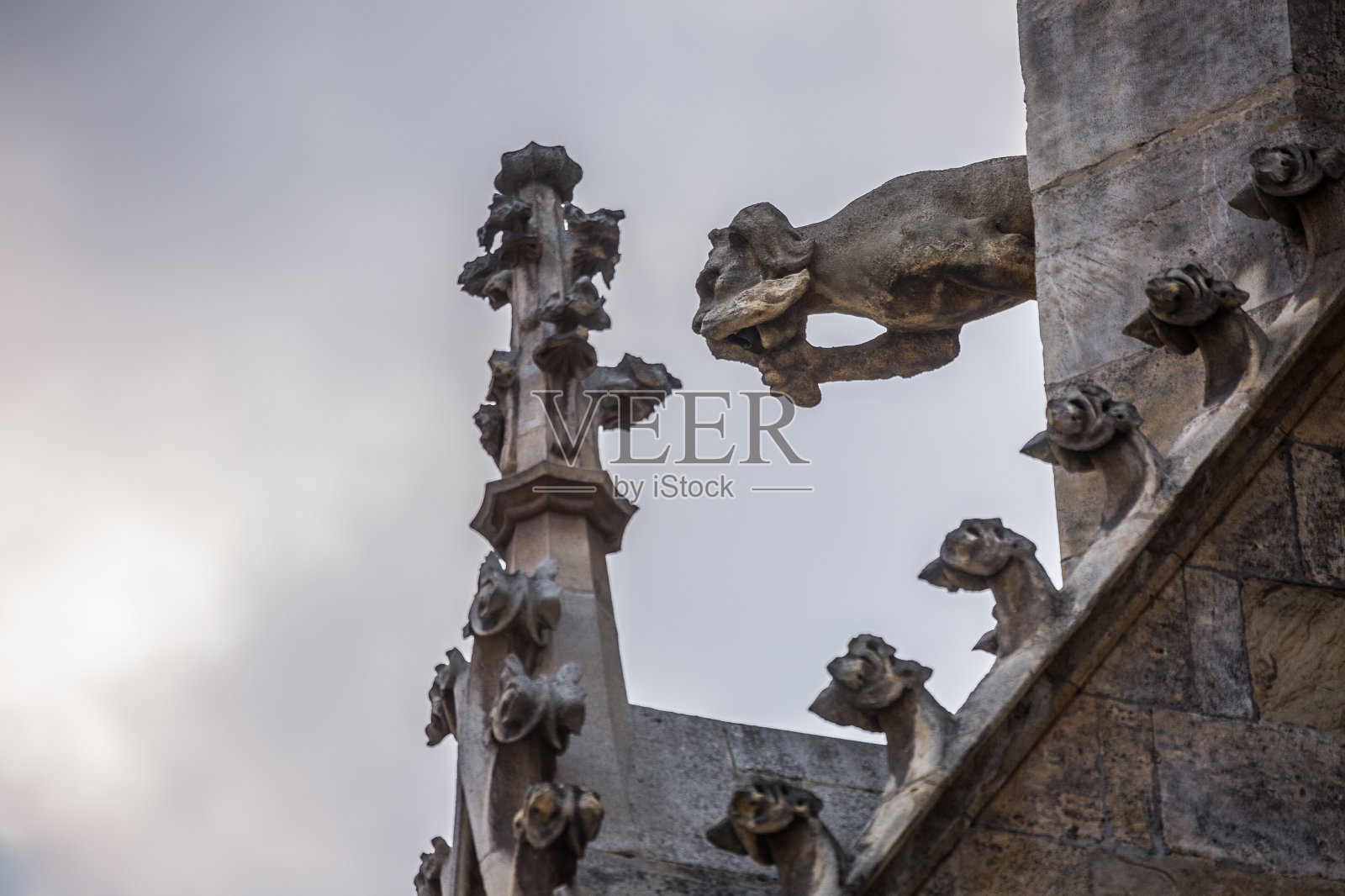 哥特式建筑的元素。这是一座中世纪的教堂，外观上有怪诞、幻想和滴水嘴的雕塑。圣斯蒂芬大教堂。维也纳。奥地利照片摄影图片