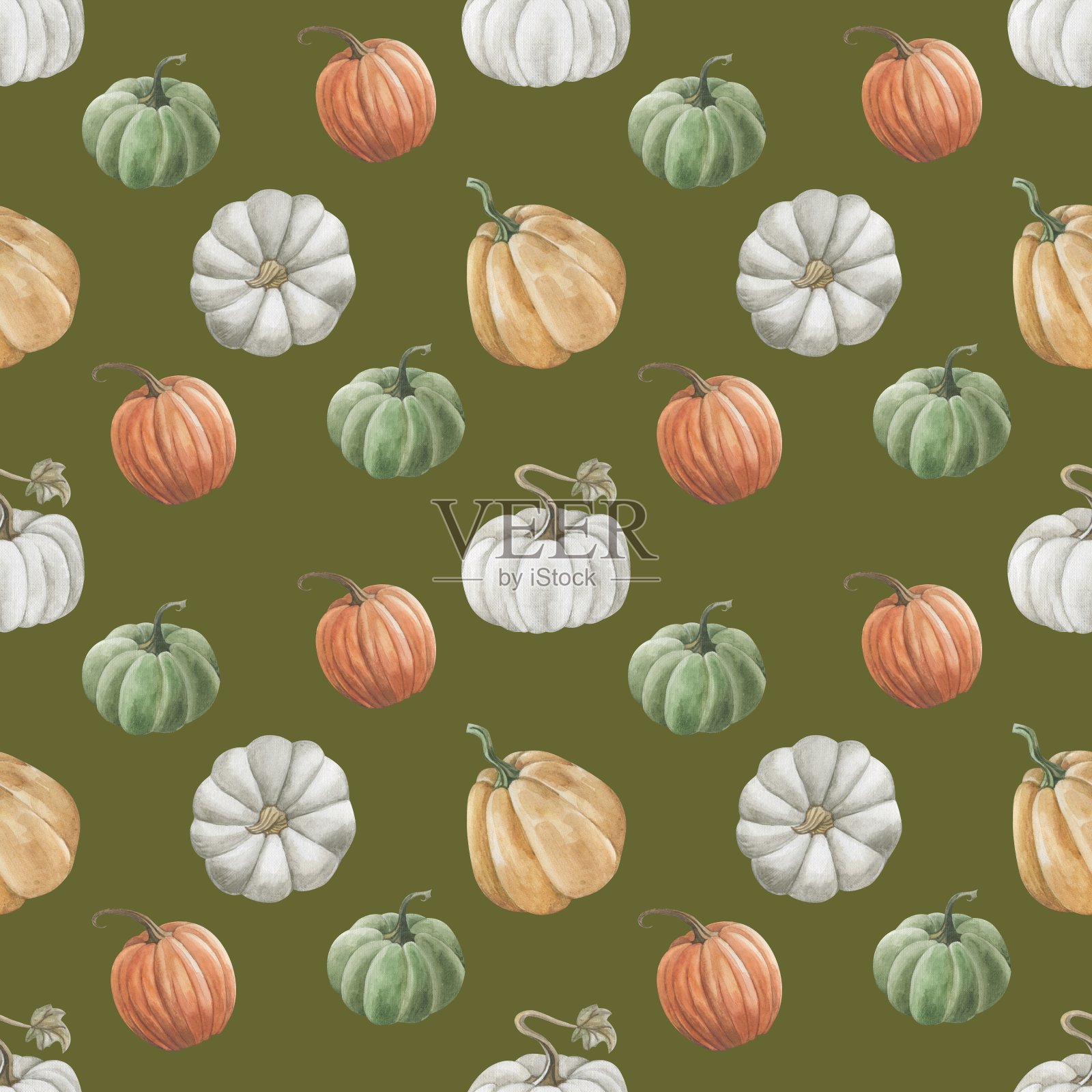 美丽的无缝背景与南瓜，秋天的叶子和浆果的玫瑰果和荚。插画图片素材