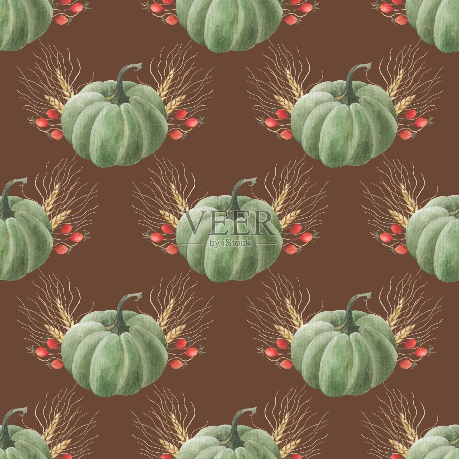 美丽的无缝背景与南瓜，秋天的叶子和浆果的玫瑰果和荚。插画图片素材