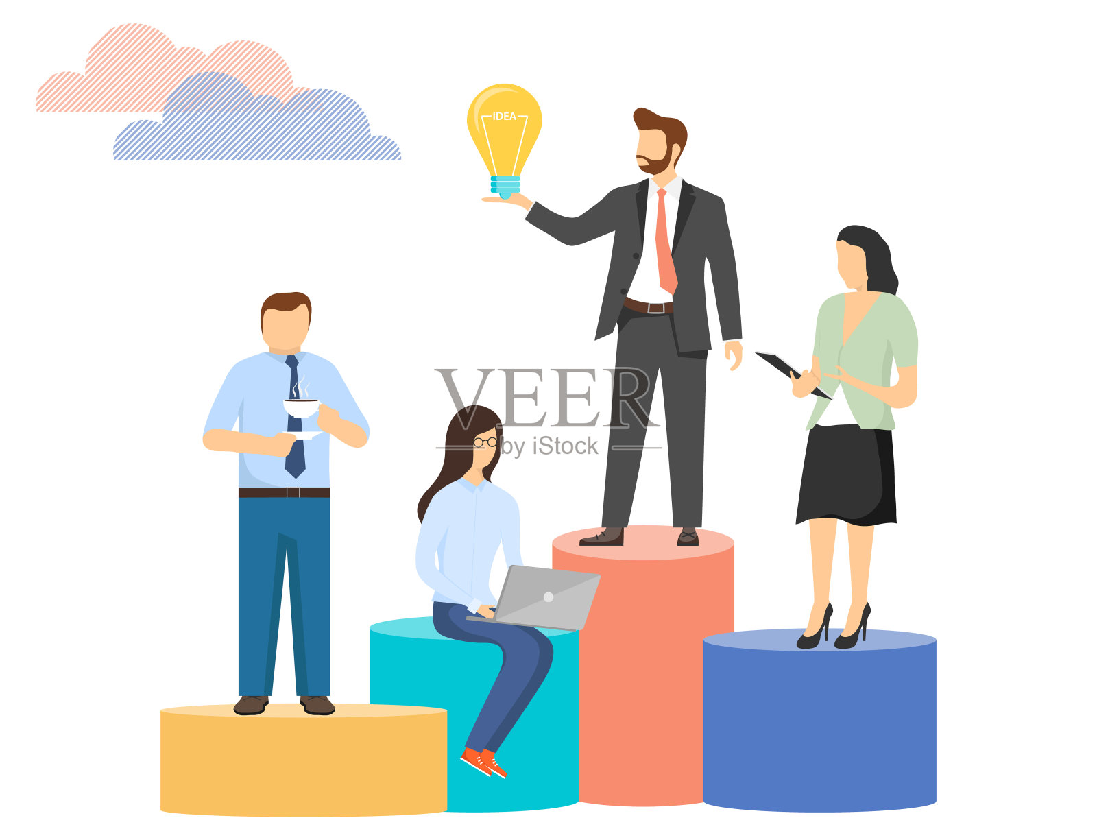 办公室职员正在考虑一个新想法。办公室职员想出了一个创造性的解决办法。团队合作。向量,卡通插图。向量。插画图片素材