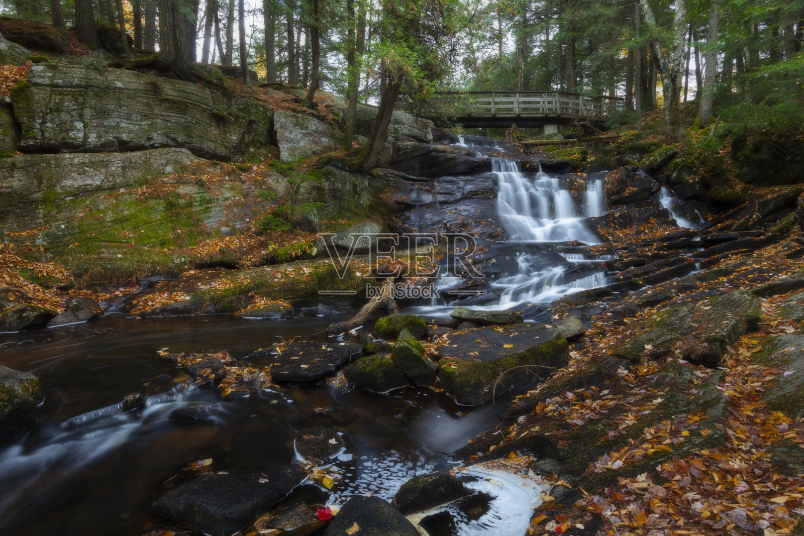 桥上的Potts瀑布，秋天照片摄影图片