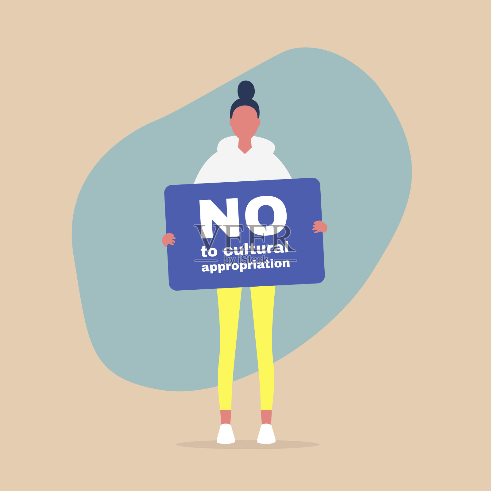 年轻女性角色举着“反对文化挪用”、殖民主义和少数民族文化的旗帜插画图片素材