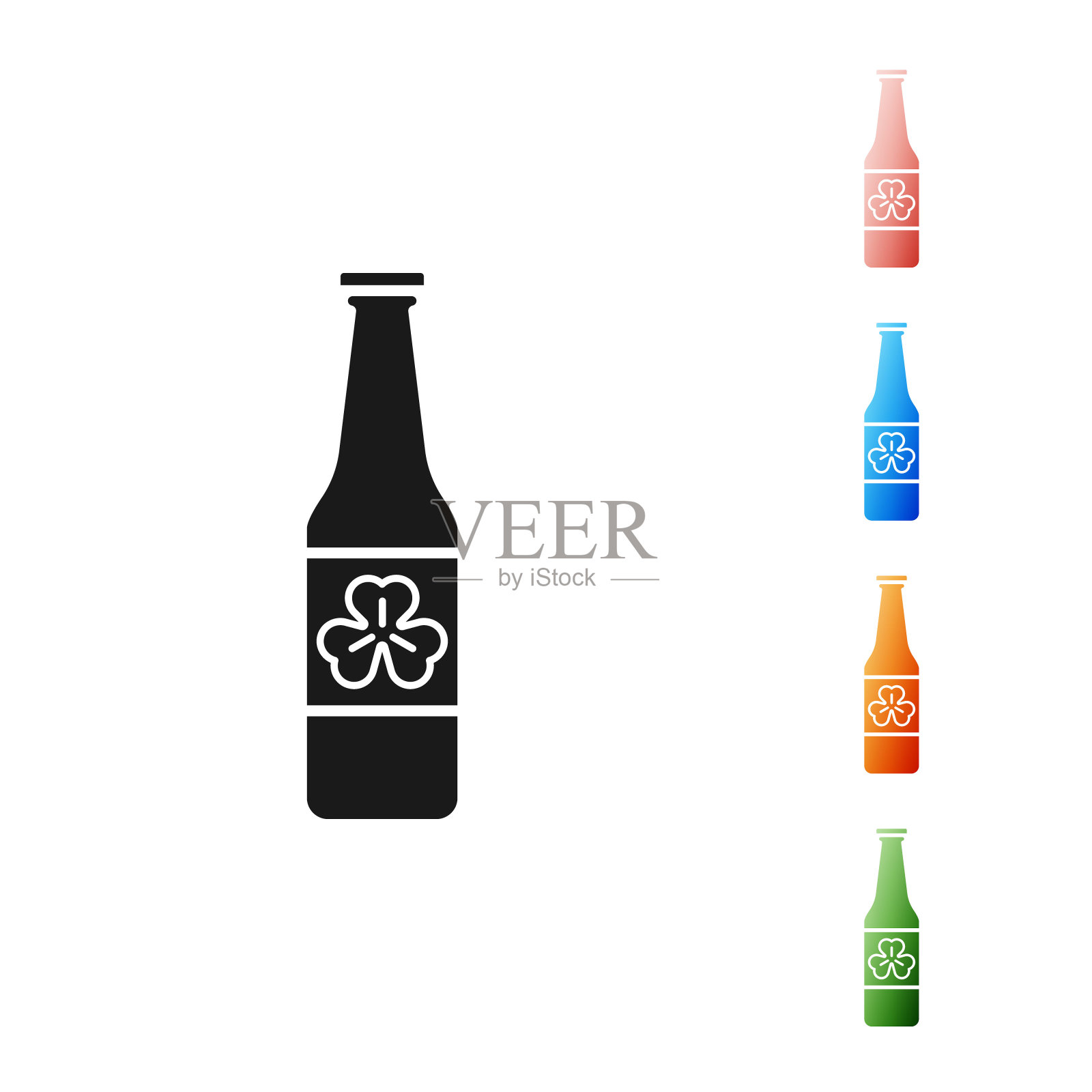 黑色啤酒瓶与四叶三叶草图标孤立的白色背景。圣帕特里克节快乐。设置图标丰富多彩。矢量图插画图片素材