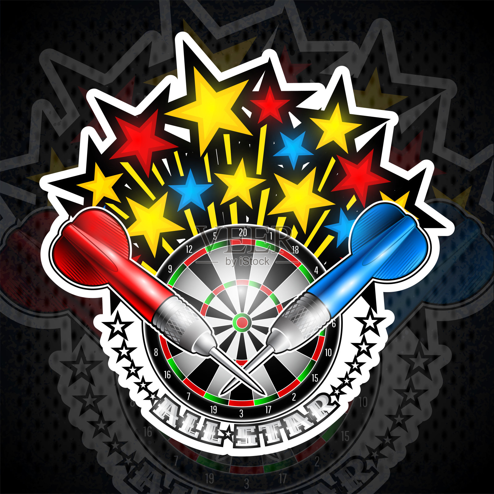 红色和蓝色飞镖的彩色星星从飞镖中飞出来。任何飞镖游戏或锦标赛的运动标签插画图片素材