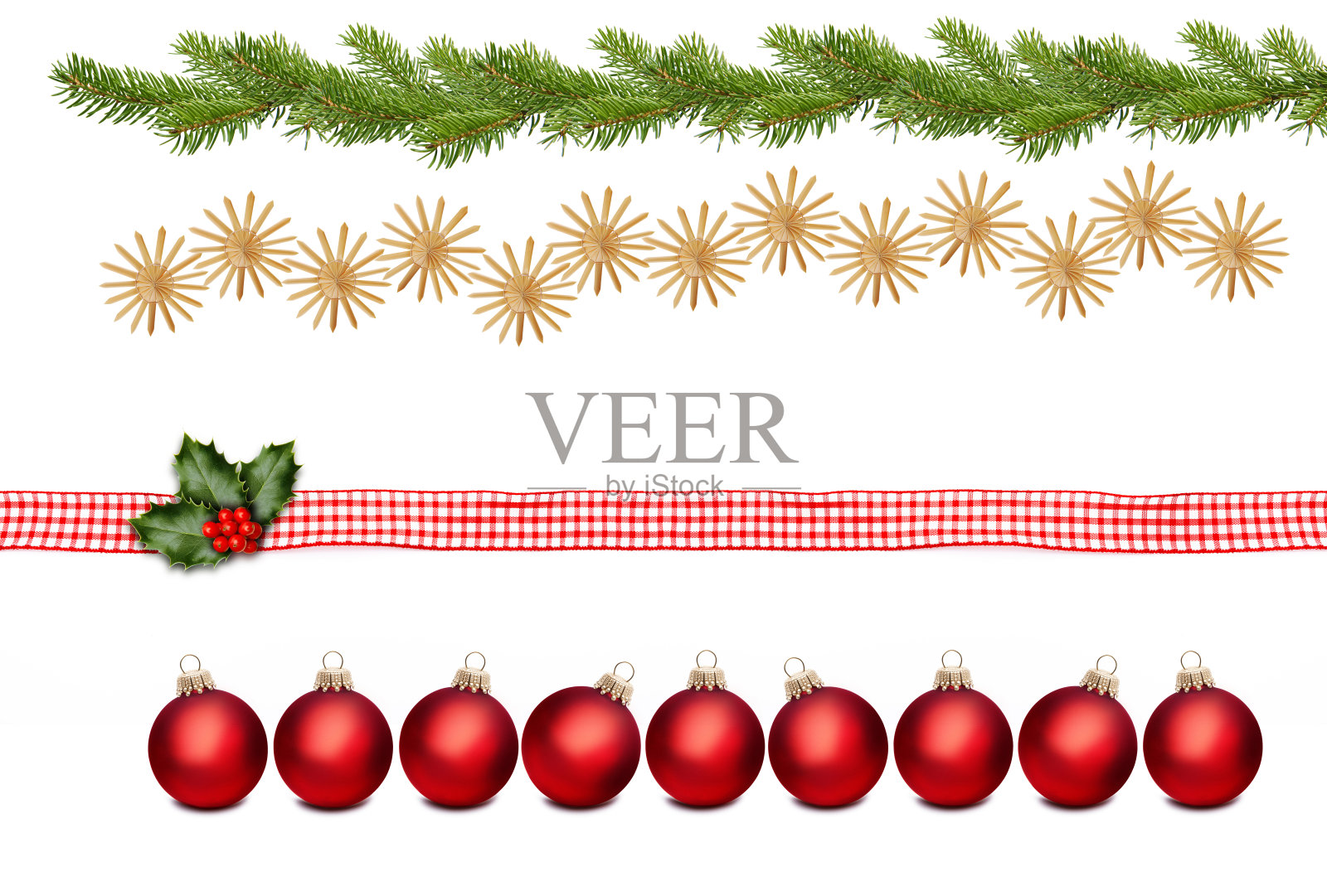 红色圣诞球与缎带绝缘的白色背景照片摄影图片