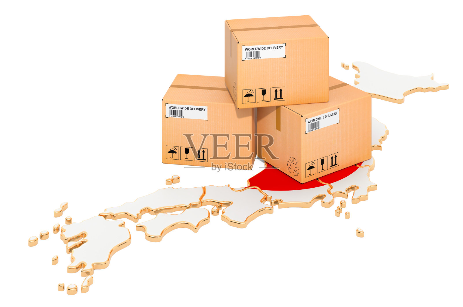 日本地图上的包裹。日本航运，概念。3D渲染孤立的白色背景照片摄影图片