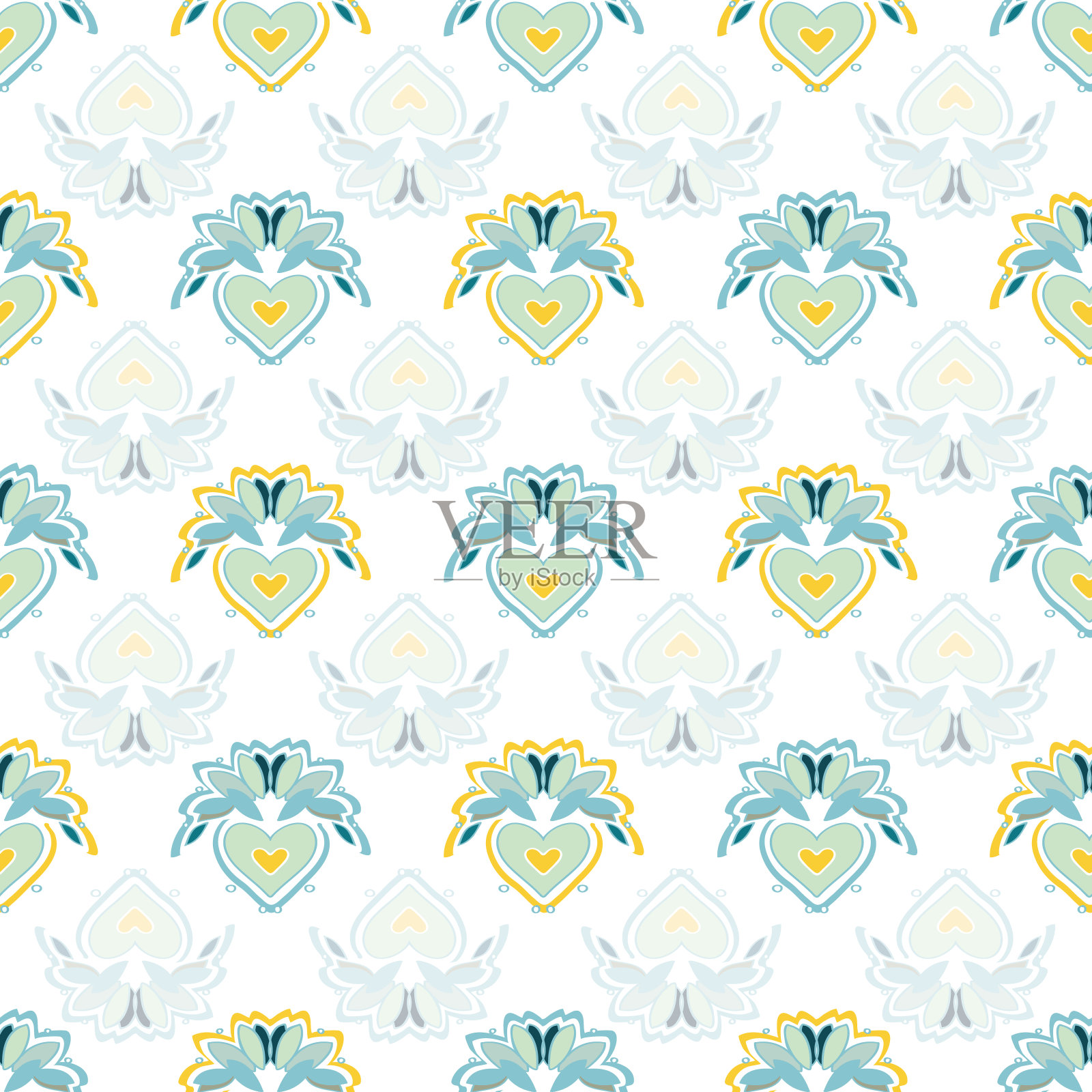 可爱的蓝色民间心无缝图案插画图片素材