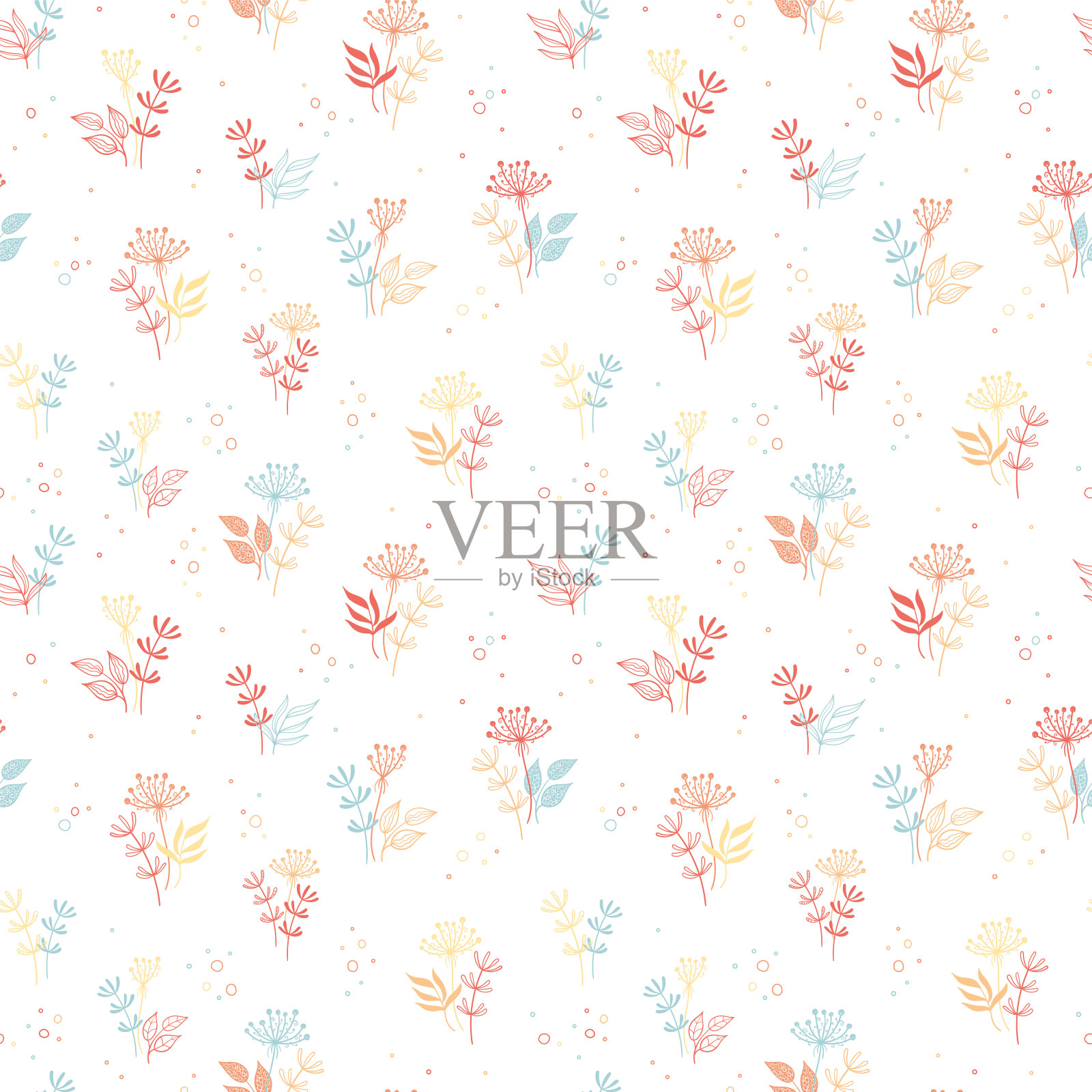 有趣和可爱的手绘花卉无缝图案-树枝，树叶，花涂鸦重复的背景-伟大的纺织品，横幅，壁纸，包装-矢量设计插画图片素材