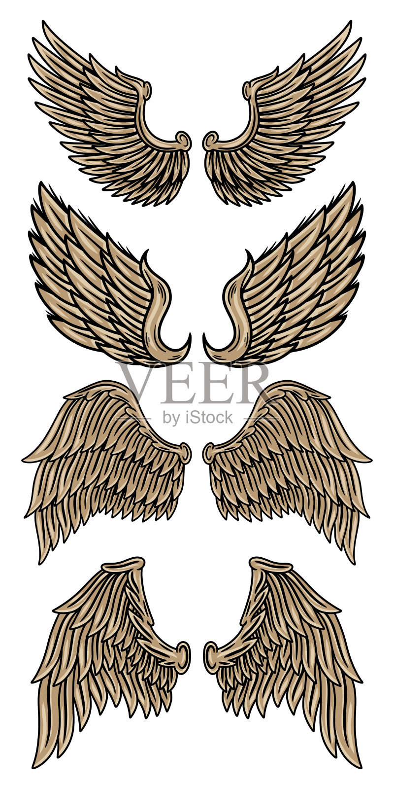 设置彩色复古翅膀天使和鸟类孤立矢量插图纹身风格。设计元素。设计元素图片