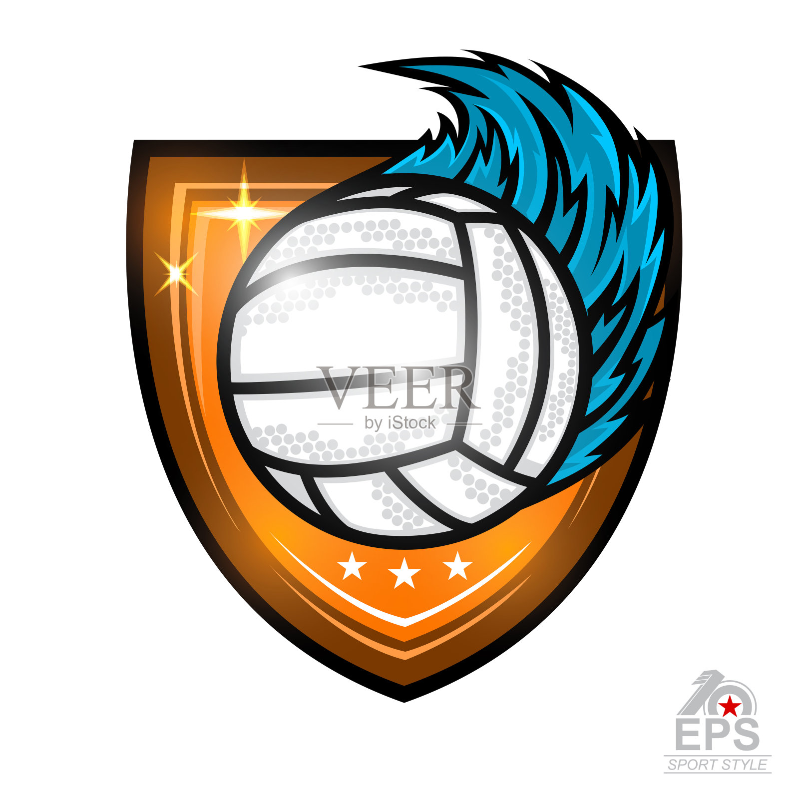 在护盾中心有风迹的排球。矢量运动标签孤立在白色为任何团队或比赛设计元素图片