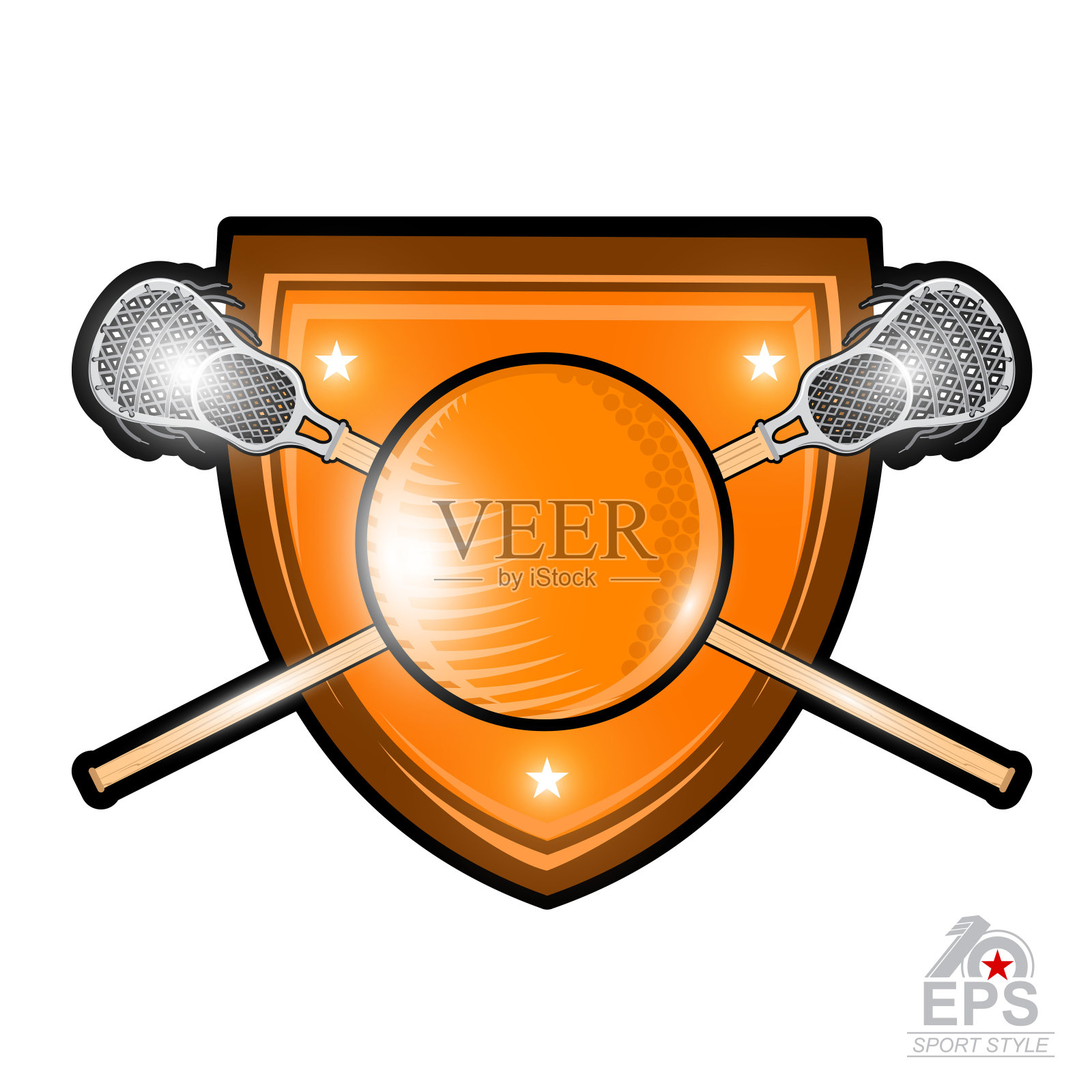 长曲棍球球，在盾牌的中心有交叉的长曲棍球棒。运动标签为任何团队或冠军孤立插画图片素材