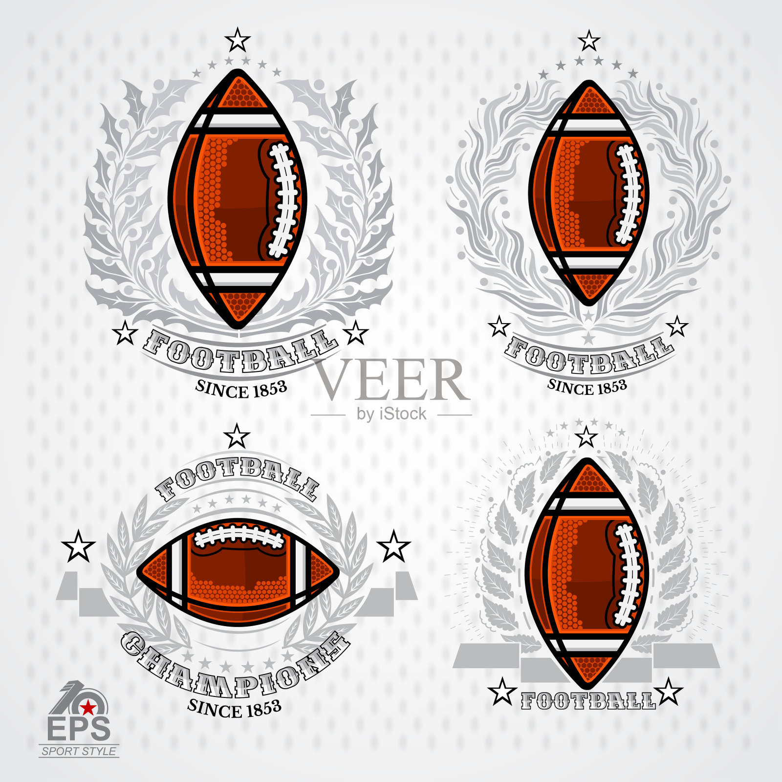 带有银色花环和丝带的美式足球。一套运动标签为任何队伍设计元素图片