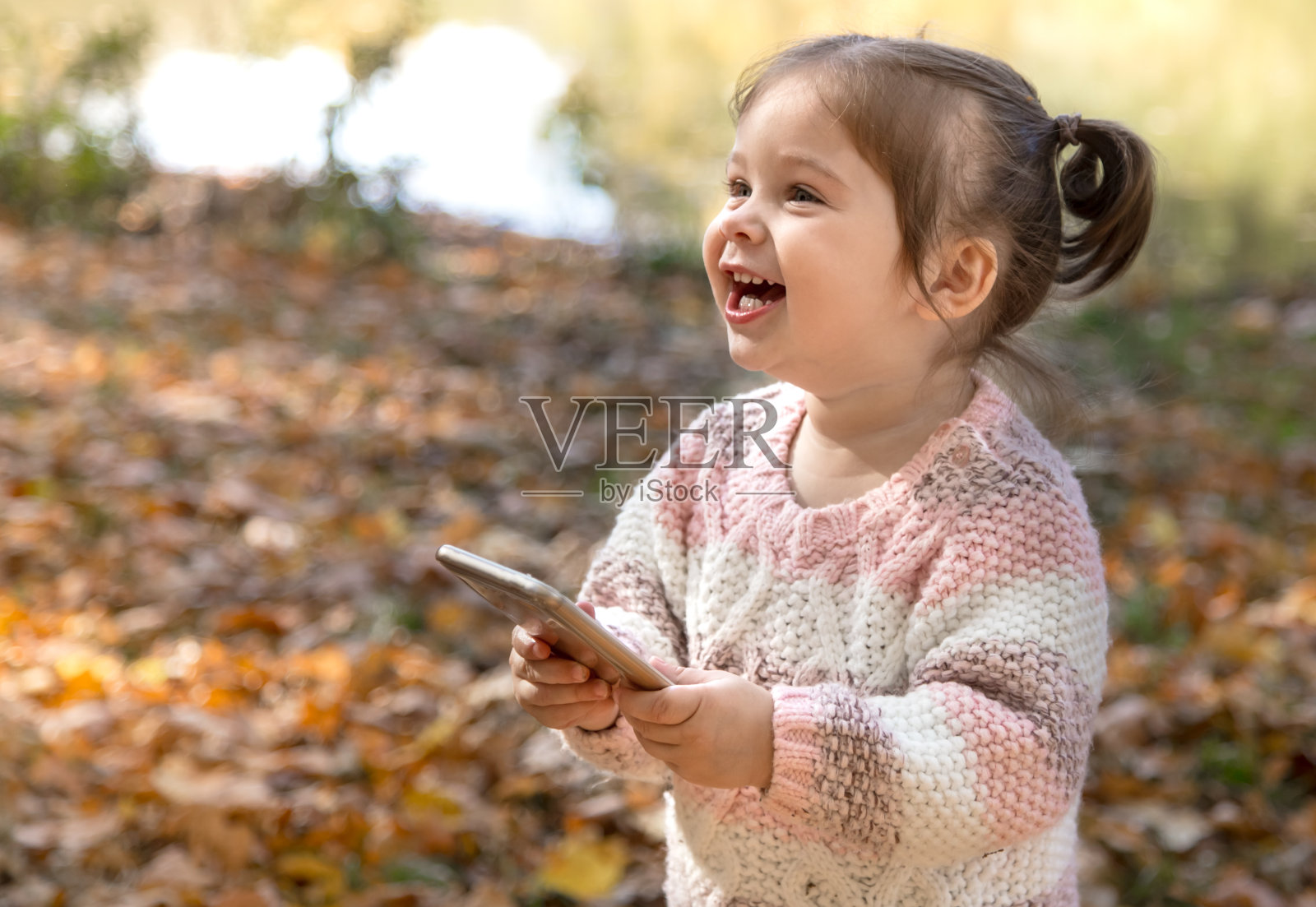 一个小女孩在秋天的森林里的画像。照片摄影图片