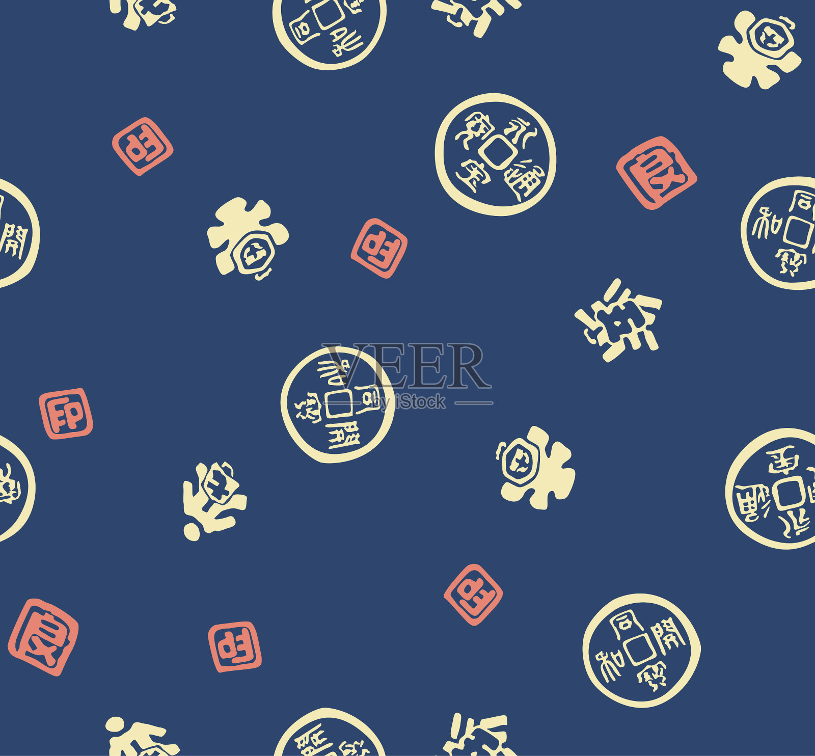 日本蓝色几何神圣邮票无缝图案插画图片素材