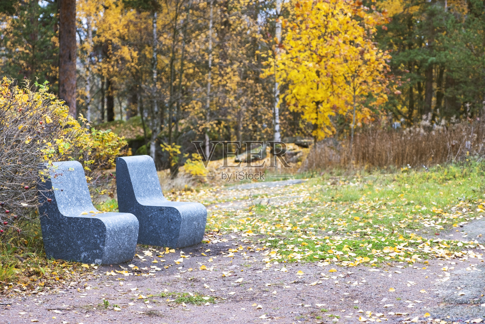 城市公园里的石头、花岗岩椅子。秋高气爽，幽静放松的地方。照片摄影图片