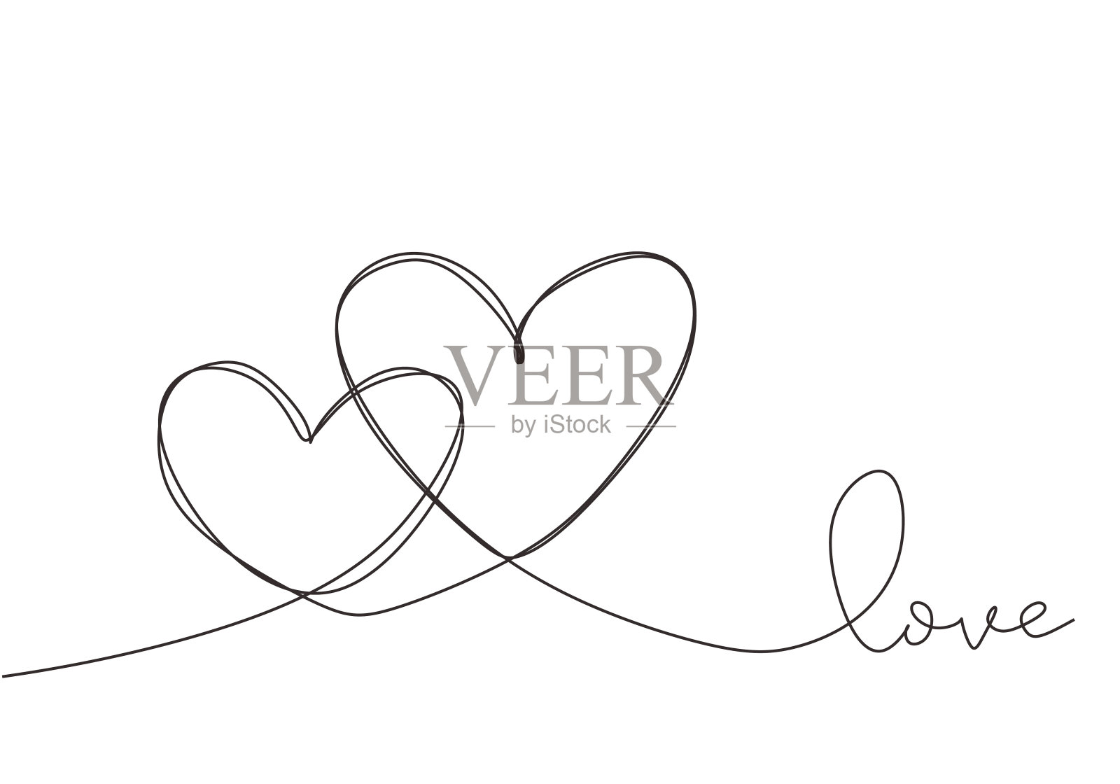 连续线画两颗心，黑白矢量极简的爱情概念插画。时尚涂鸦风格。插画图片素材